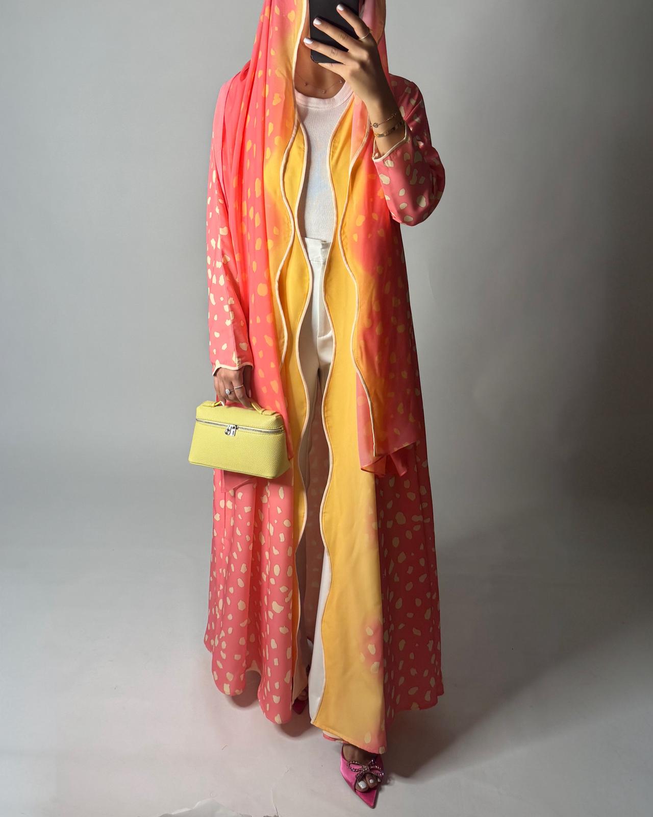 A644 - Waves Leopard Print A-CUT Pink & Yellow Abaya & Matching Head Scarf