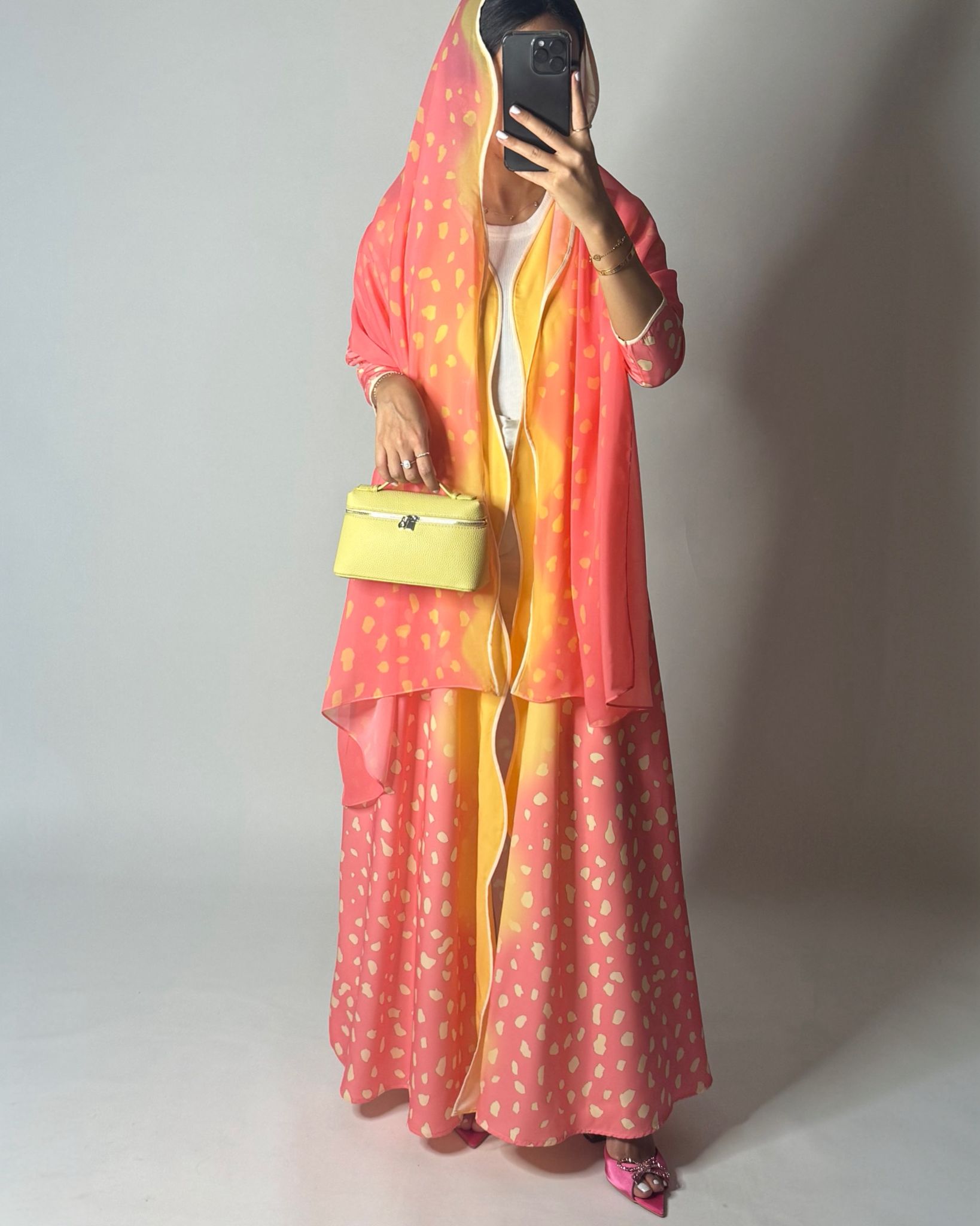 A644 - Waves Leopard Print A-CUT Pink & Yellow Abaya & Matching Head Scarf