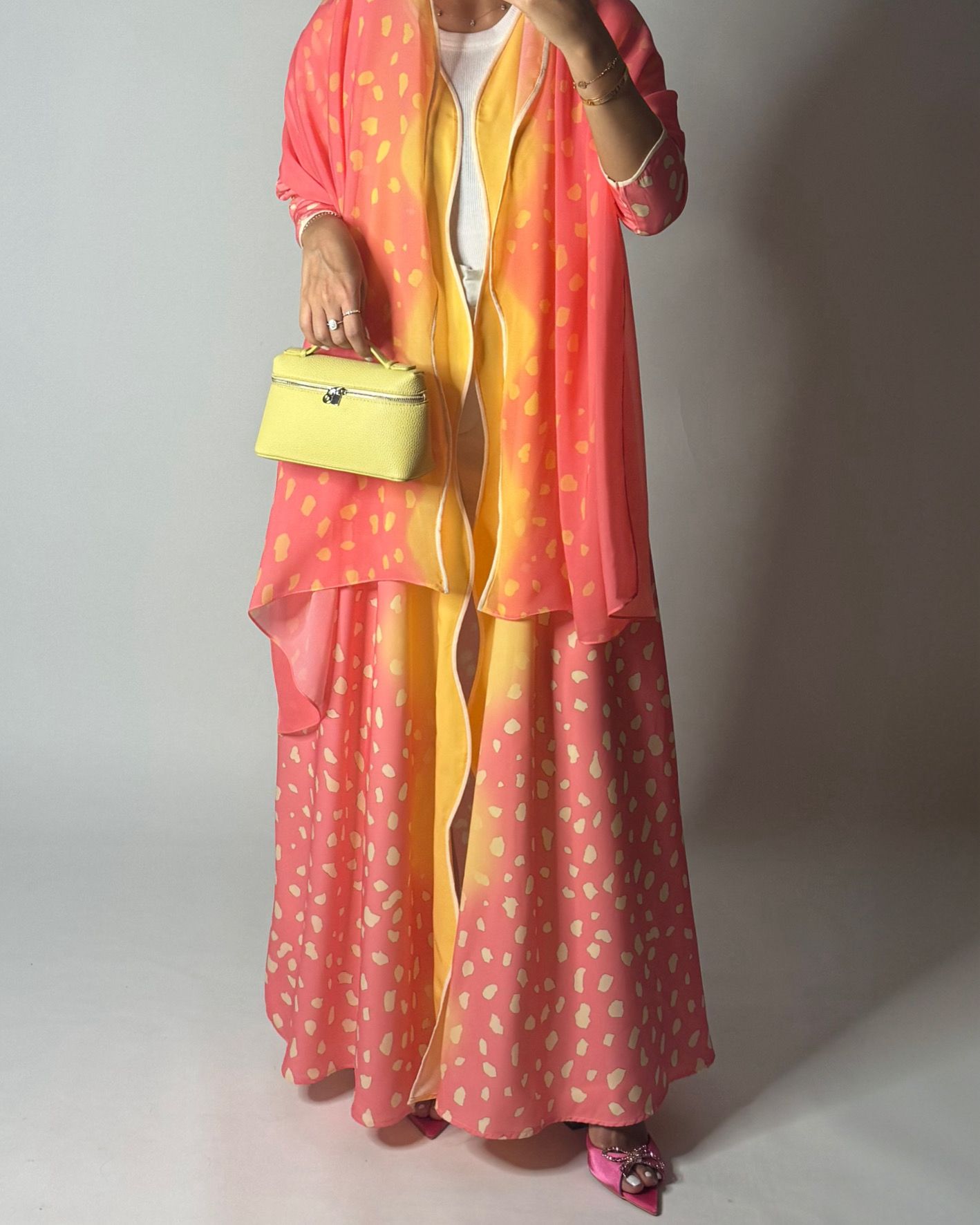 A644 - Waves Leopard Print A-CUT Pink & Yellow Abaya & Matching Head Scarf