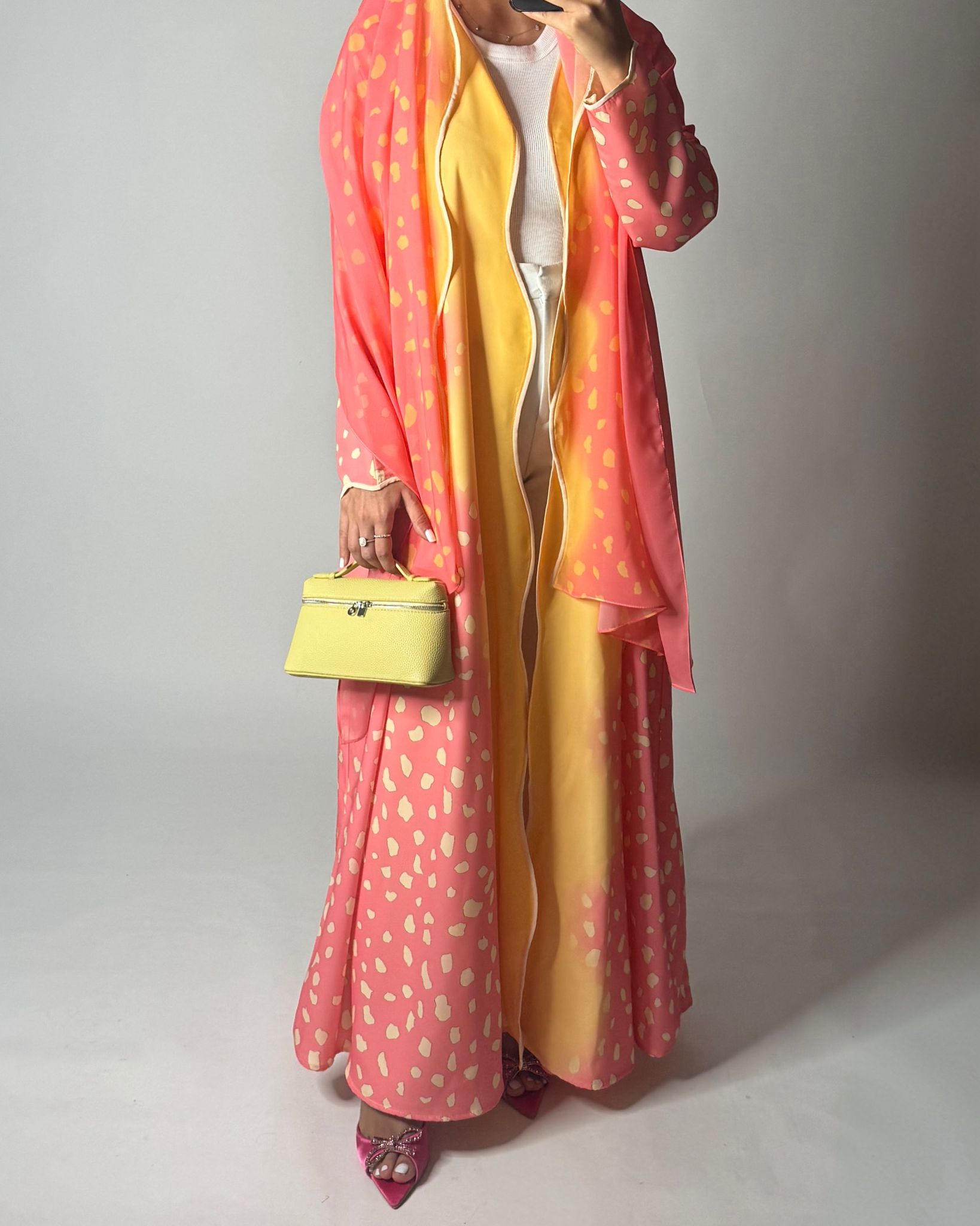 A644 - Waves Leopard Print A-CUT Pink & Yellow Abaya & Matching Head Scarf
