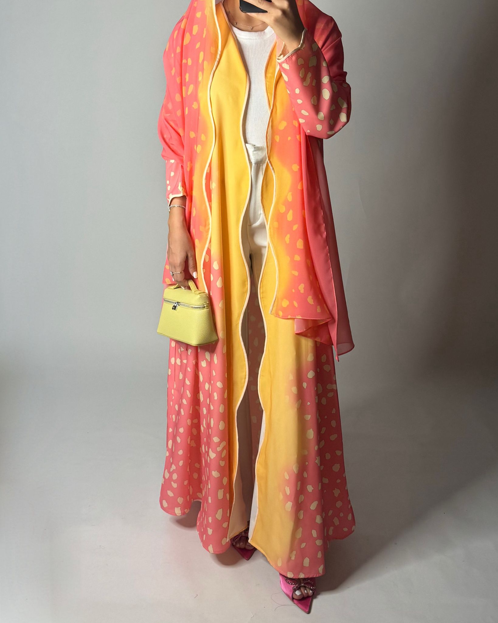 A644 - Waves Leopard Print A-CUT Pink & Yellow Abaya & Matching Head Scarf