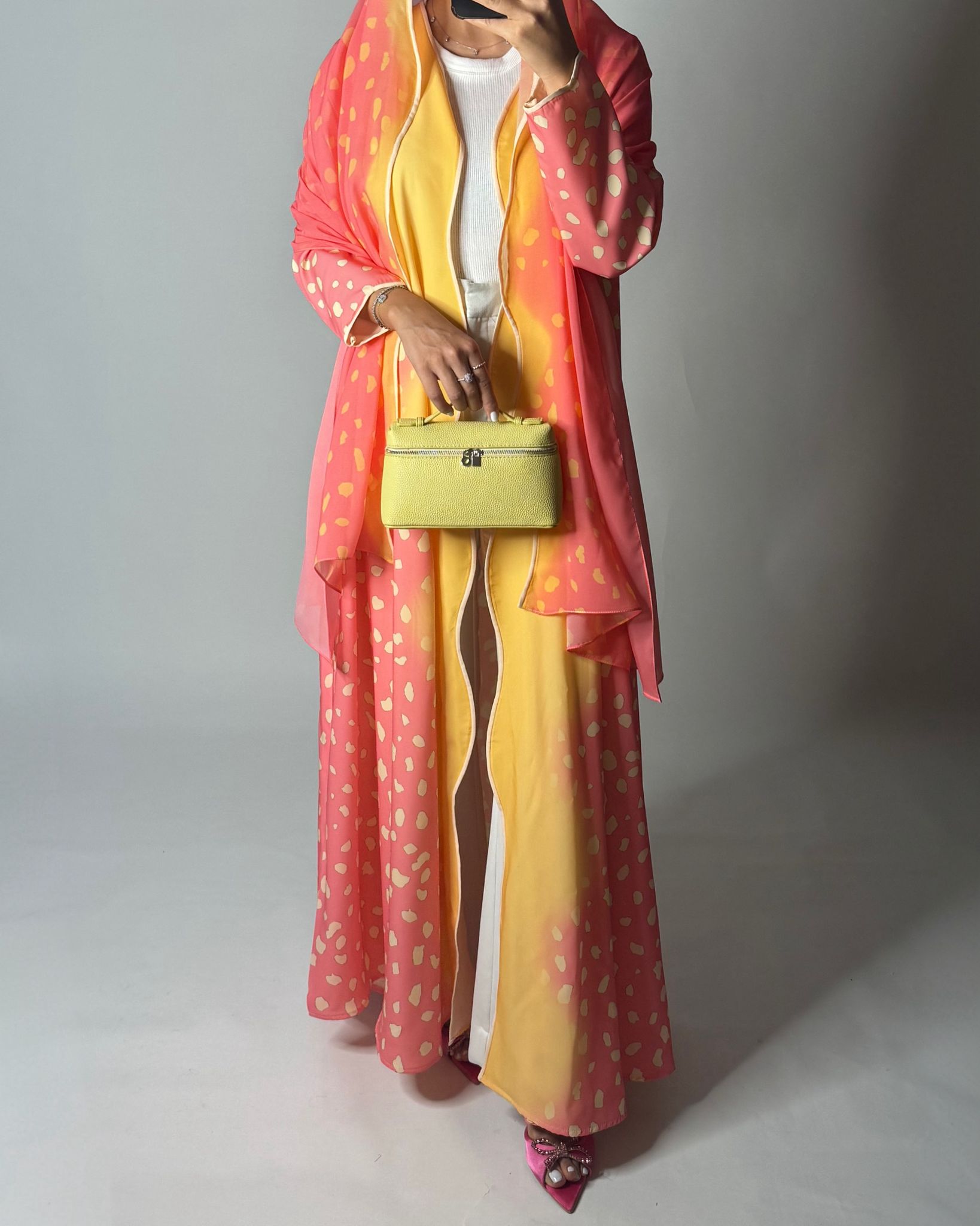 A644 - Waves Leopard Print A-CUT Pink & Yellow Abaya & Matching Head Scarf