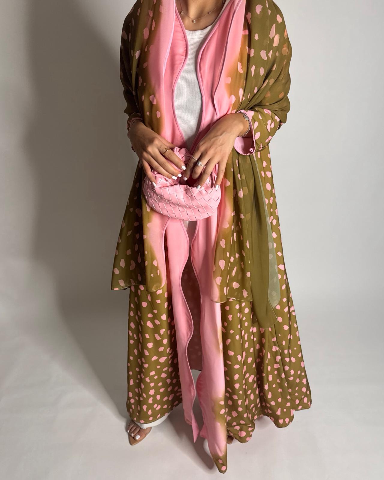 A645 - Waves Leopard Print A-CUT Olive Green & Pink Abaya & Matching Head Scarf