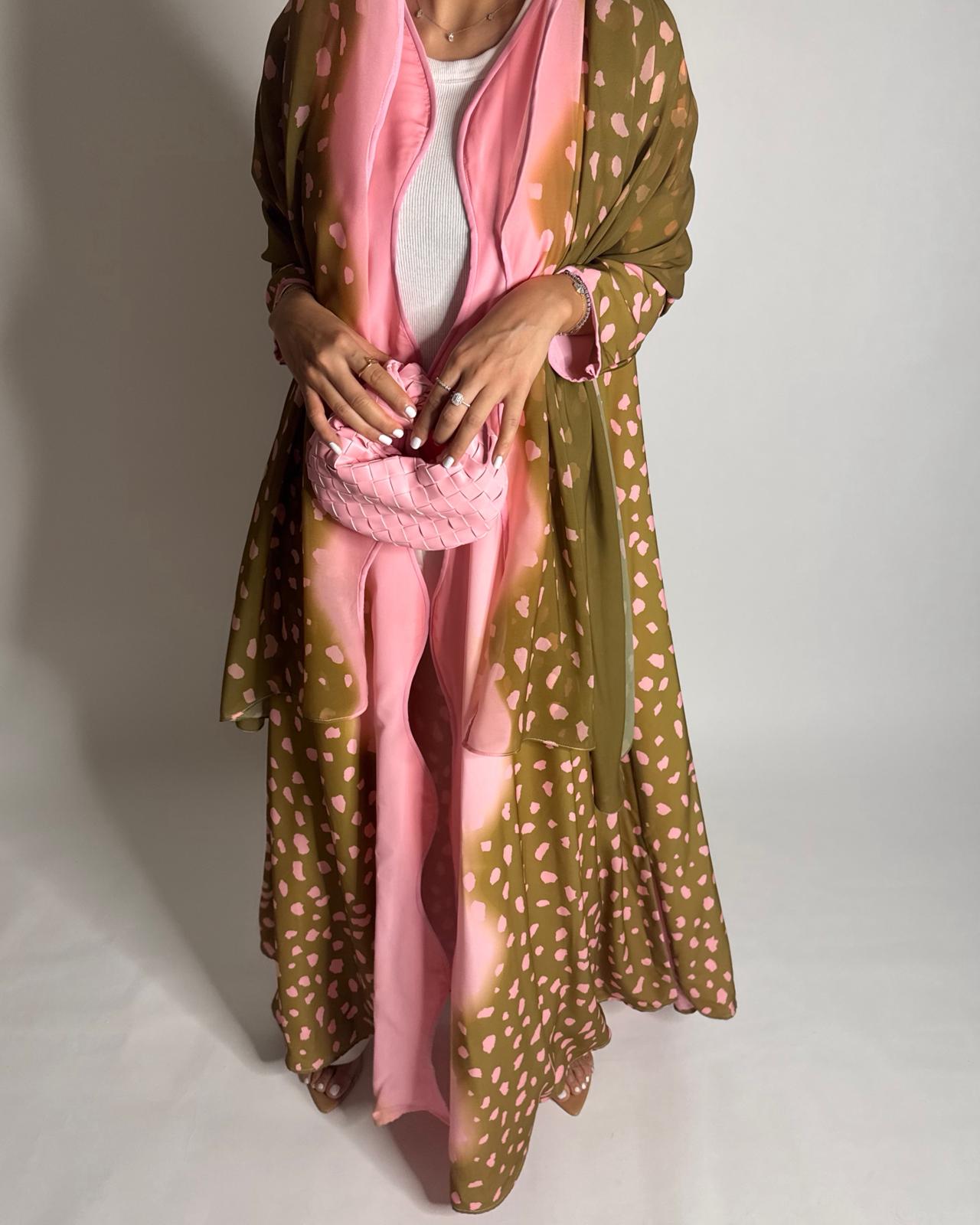 A645 - Waves Leopard Print A-CUT Olive Green & Pink Abaya & Matching Head Scarf