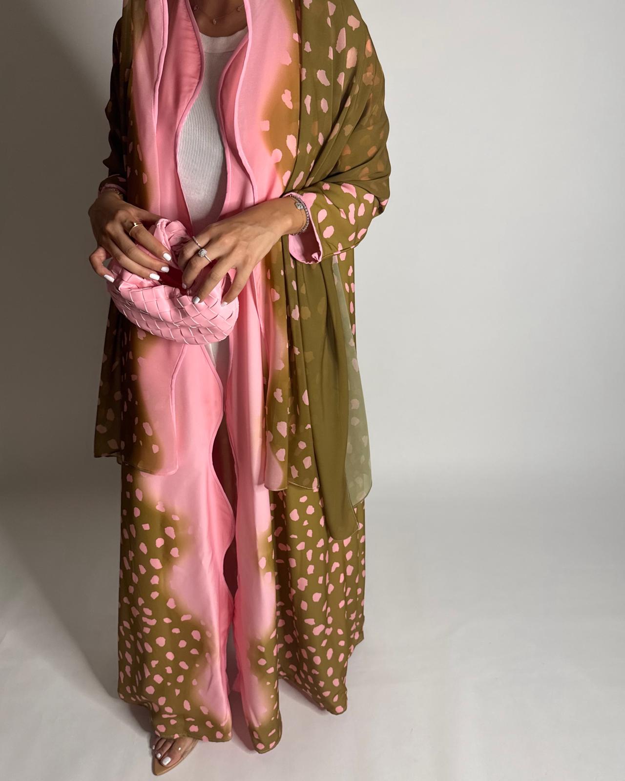 A645 - Waves Leopard Print A-CUT Olive Green & Pink Abaya & Matching Head Scarf