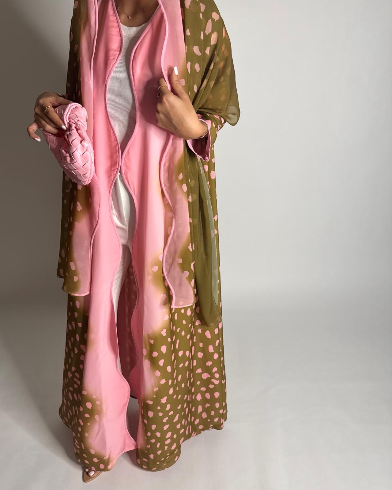 A645 - Waves Leopard Print A-CUT Olive Green & Pink Abaya & Matching Head Scarf