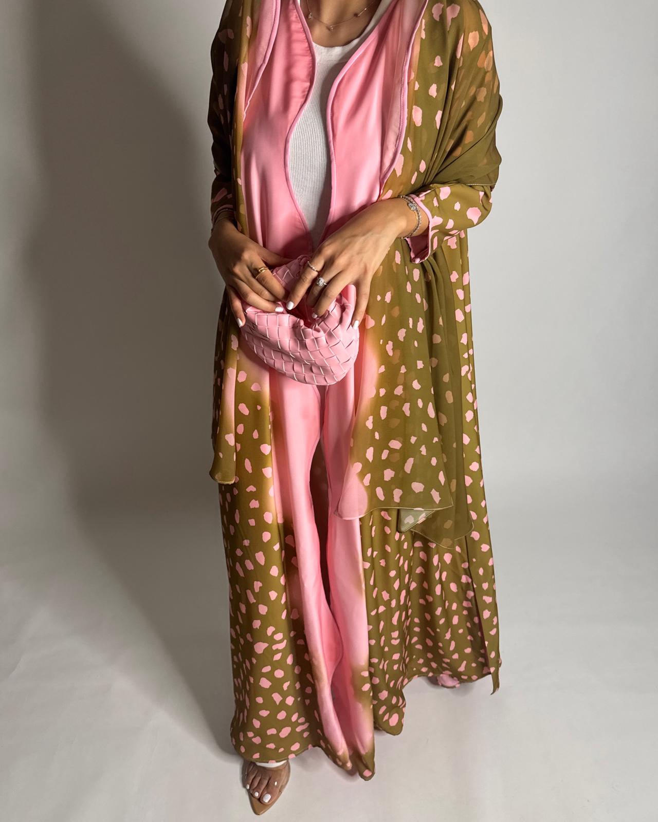 A645 - Waves Leopard Print A-CUT Olive Green & Pink Abaya & Matching Head Scarf