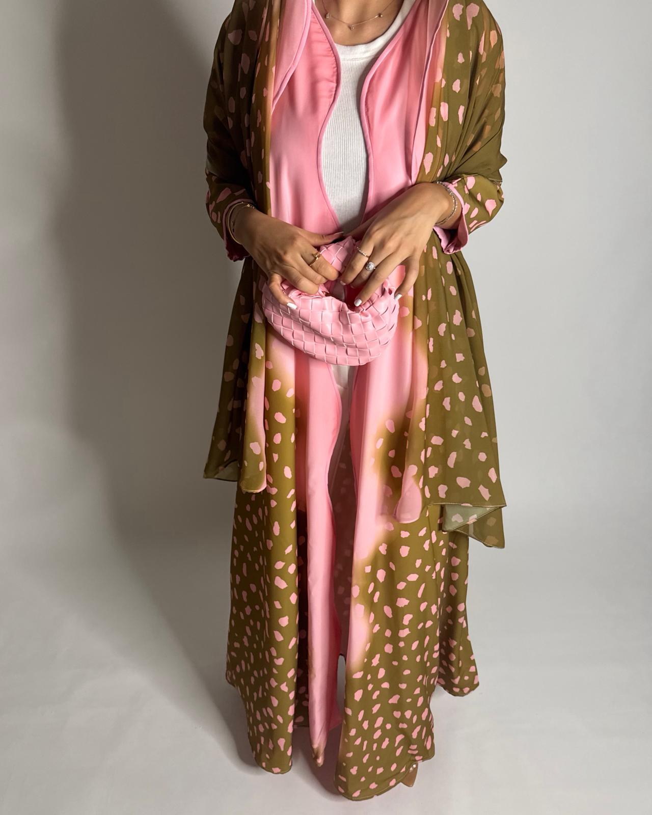 A645 - Waves Leopard Print A-CUT Olive Green & Pink Abaya & Matching Head Scarf