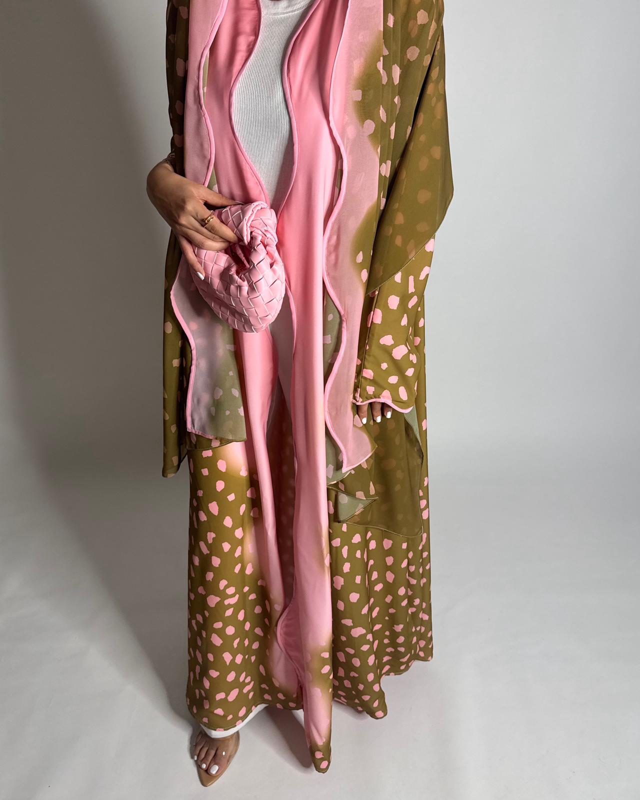 A645 - Waves Leopard Print A-CUT Olive Green & Pink Abaya & Matching Head Scarf