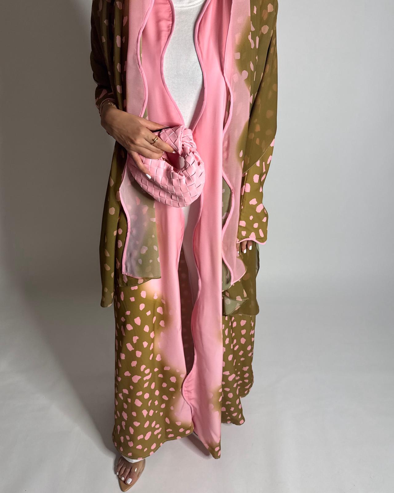 A645 - Waves Leopard Print A-CUT Olive Green & Pink Abaya & Matching Head Scarf