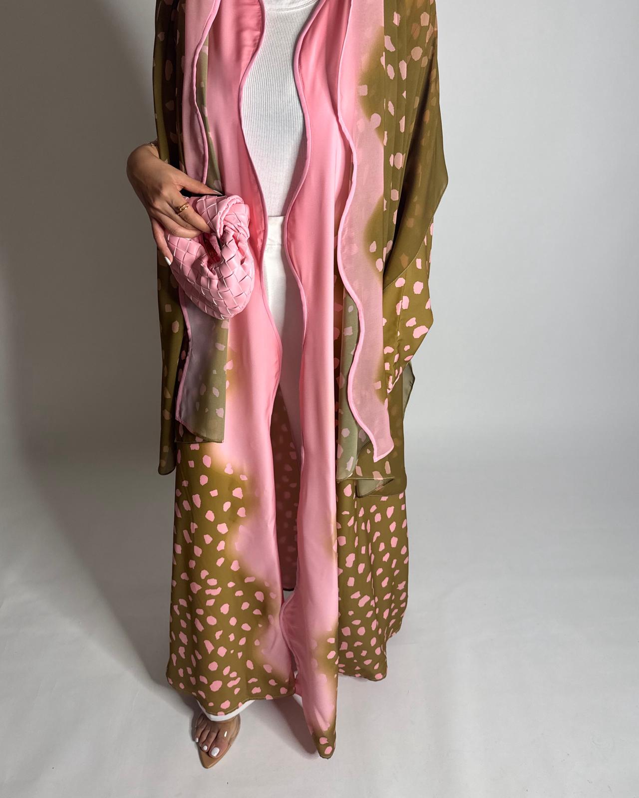 A645 - Waves Leopard Print A-CUT Olive Green & Pink Abaya & Matching Head Scarf