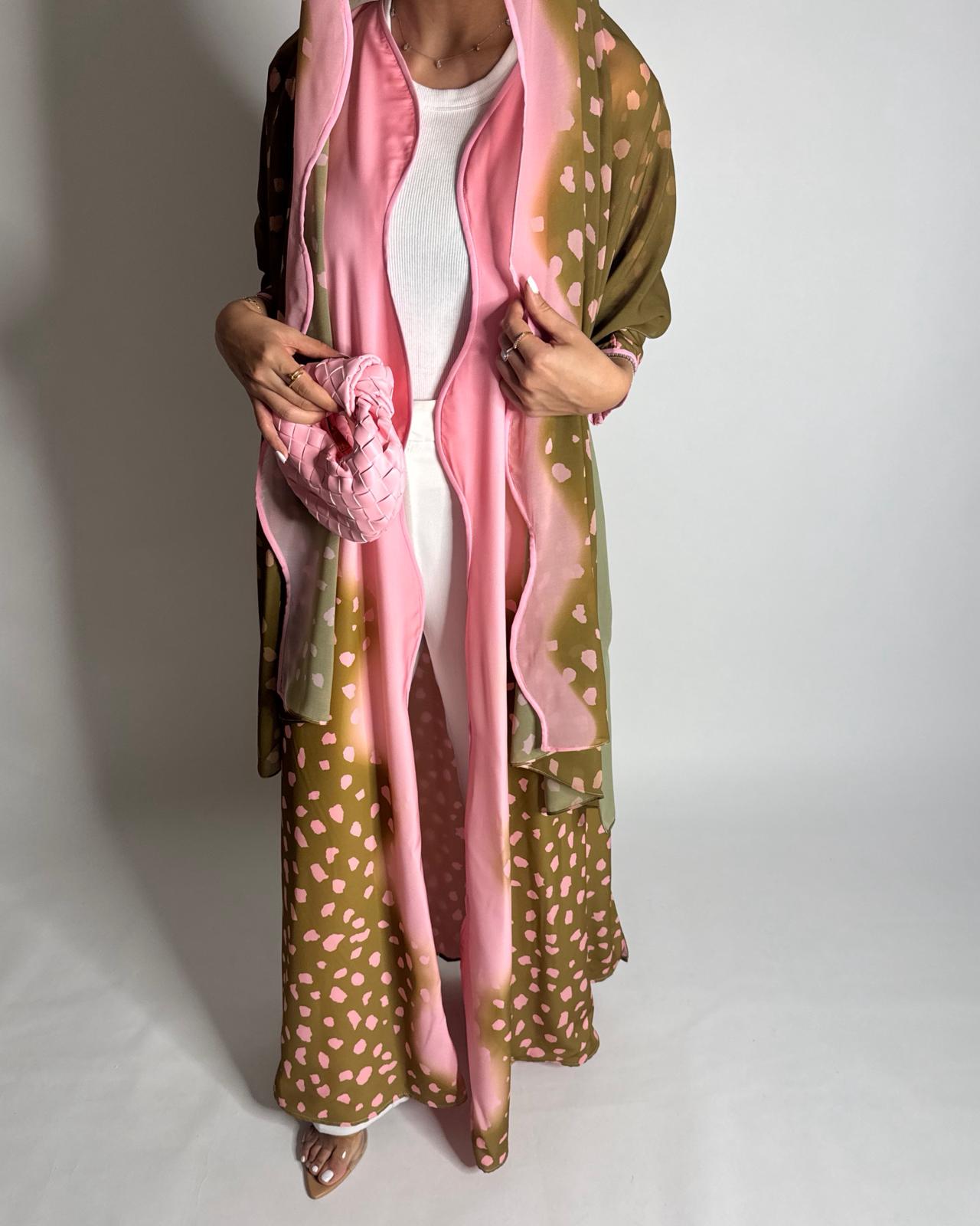 A645 - Waves Leopard Print A-CUT Olive Green & Pink Abaya & Matching Head Scarf