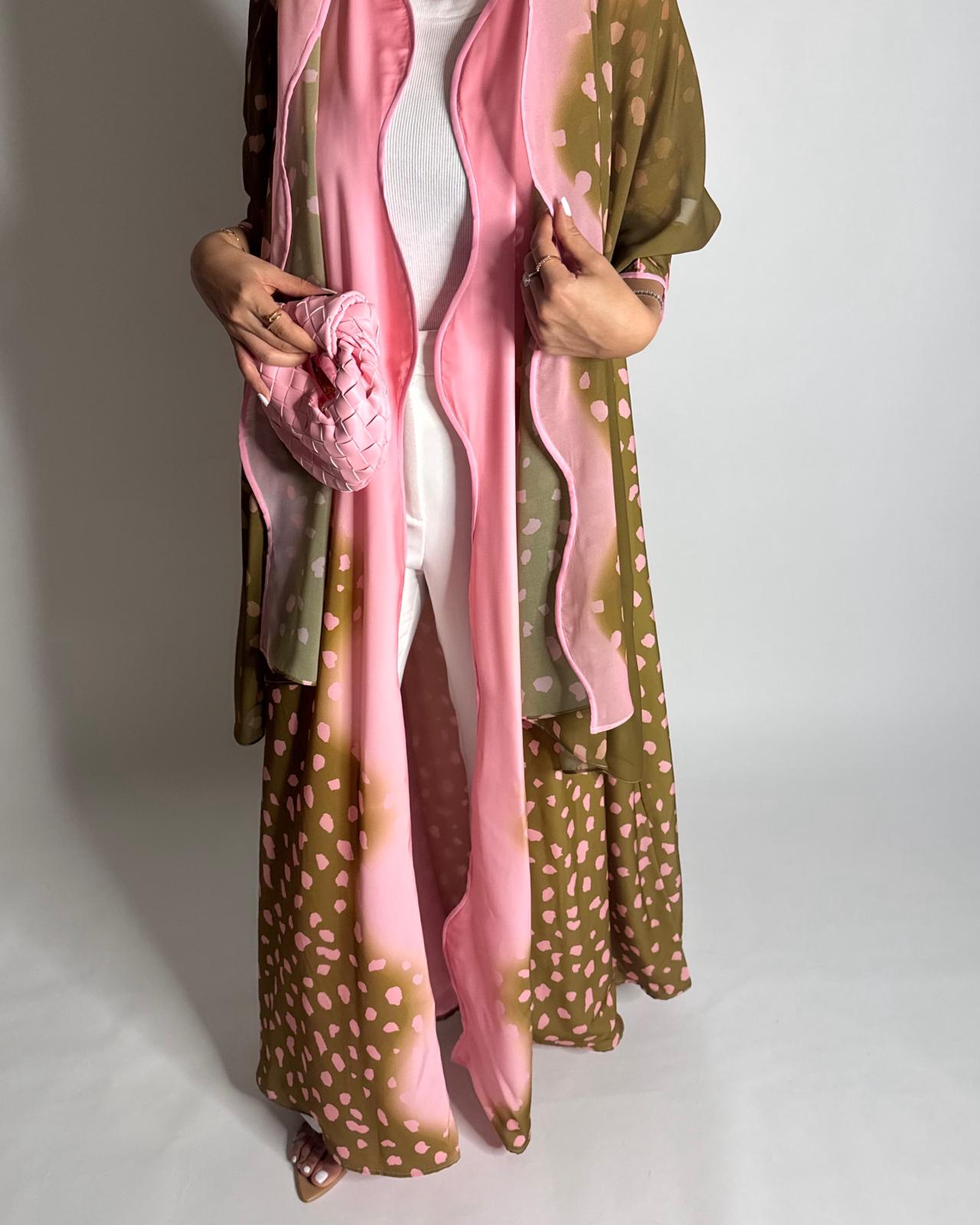 A645 - Waves Leopard Print A-CUT Olive Green & Pink Abaya & Matching Head Scarf