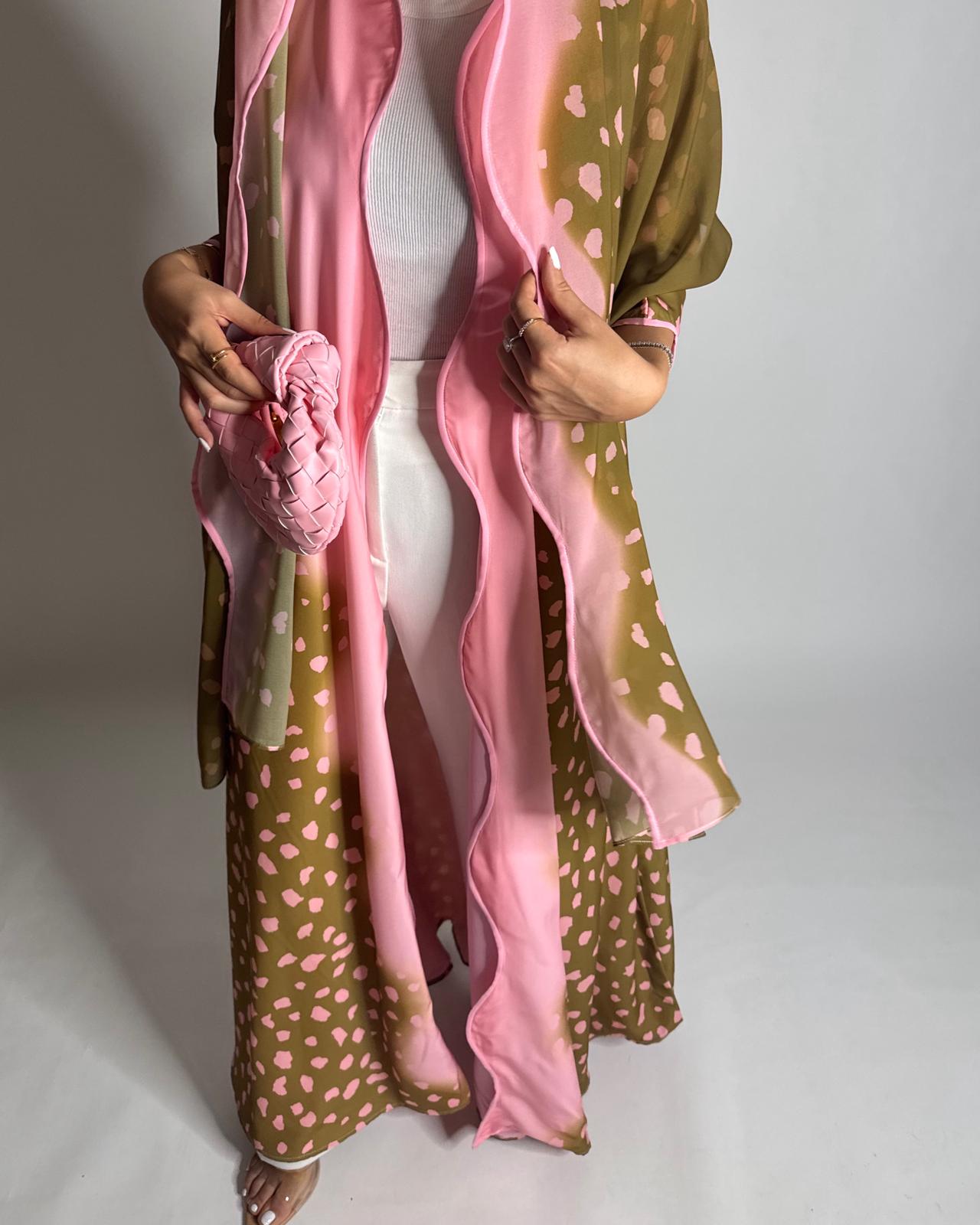 A645 - Waves Leopard Print A-CUT Olive Green & Pink Abaya & Matching Head Scarf