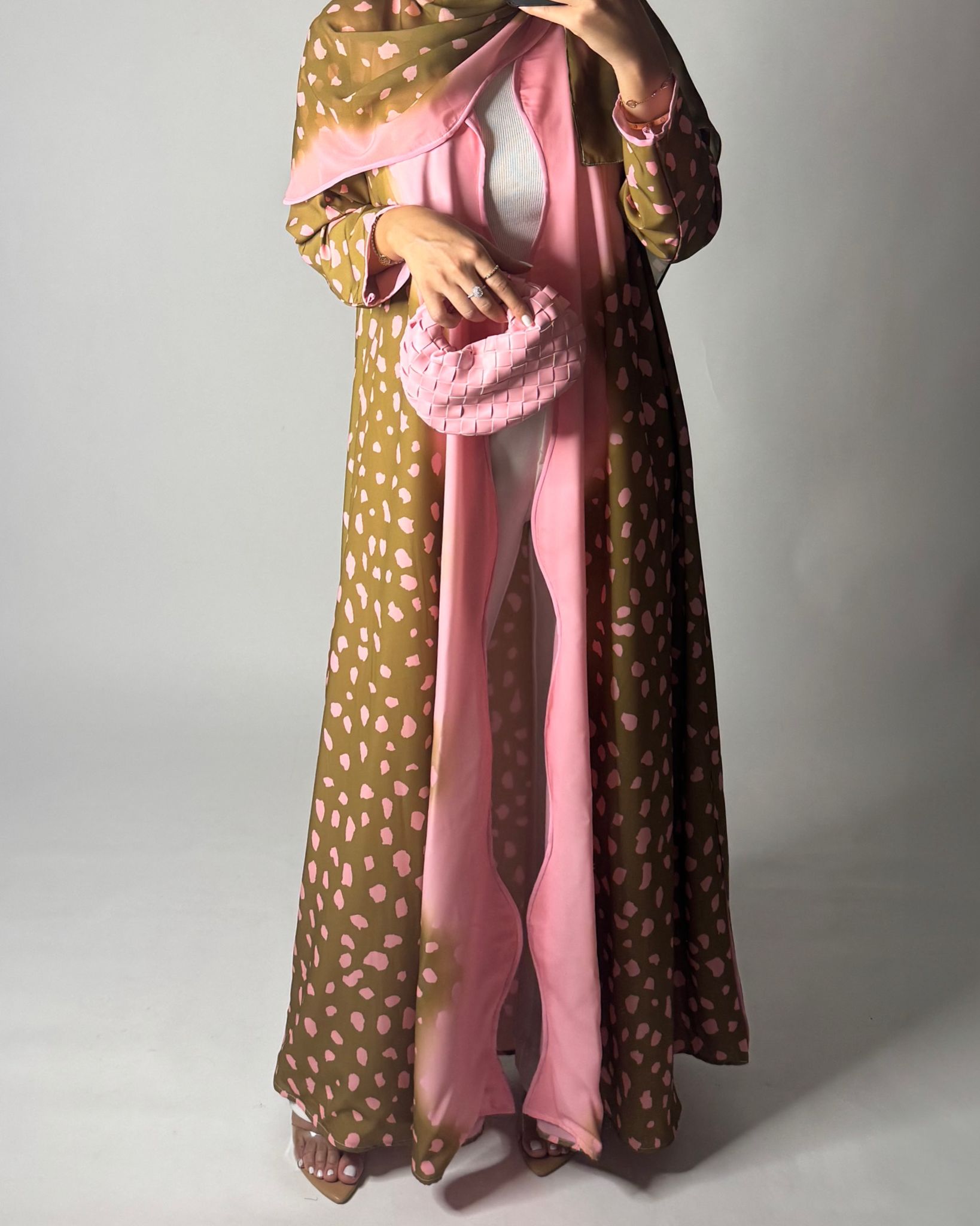 A645 - Waves Leopard Print A-CUT Olive Green & Pink Abaya & Matching Head Scarf