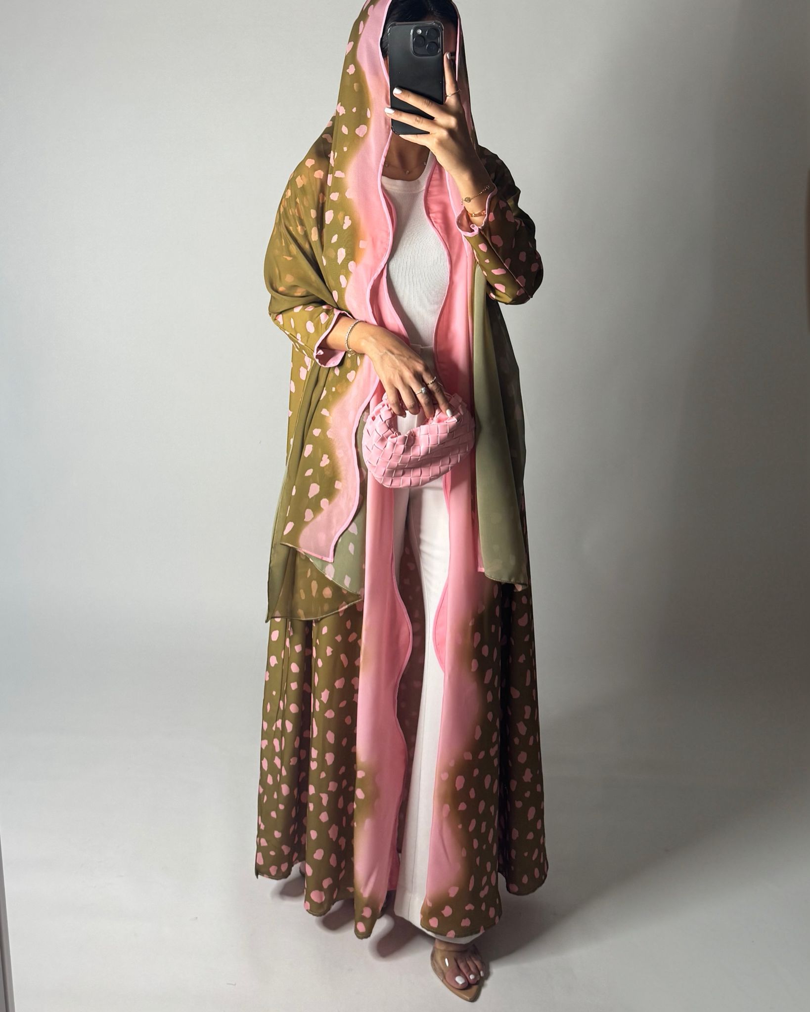 A645 - Waves Leopard Print A-CUT Olive Green & Pink Abaya & Matching Head Scarf