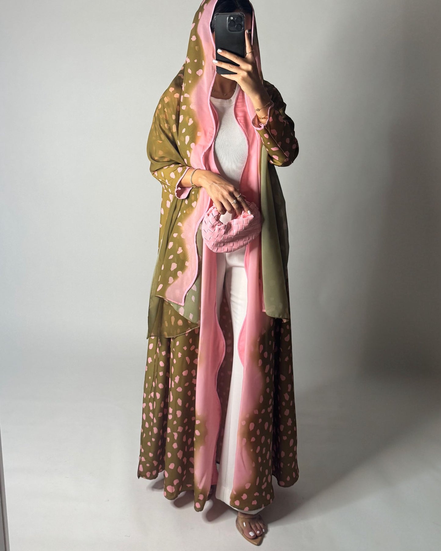 A645 - Waves Leopard Print A-CUT Olive Green & Pink Abaya & Matching Head Scarf