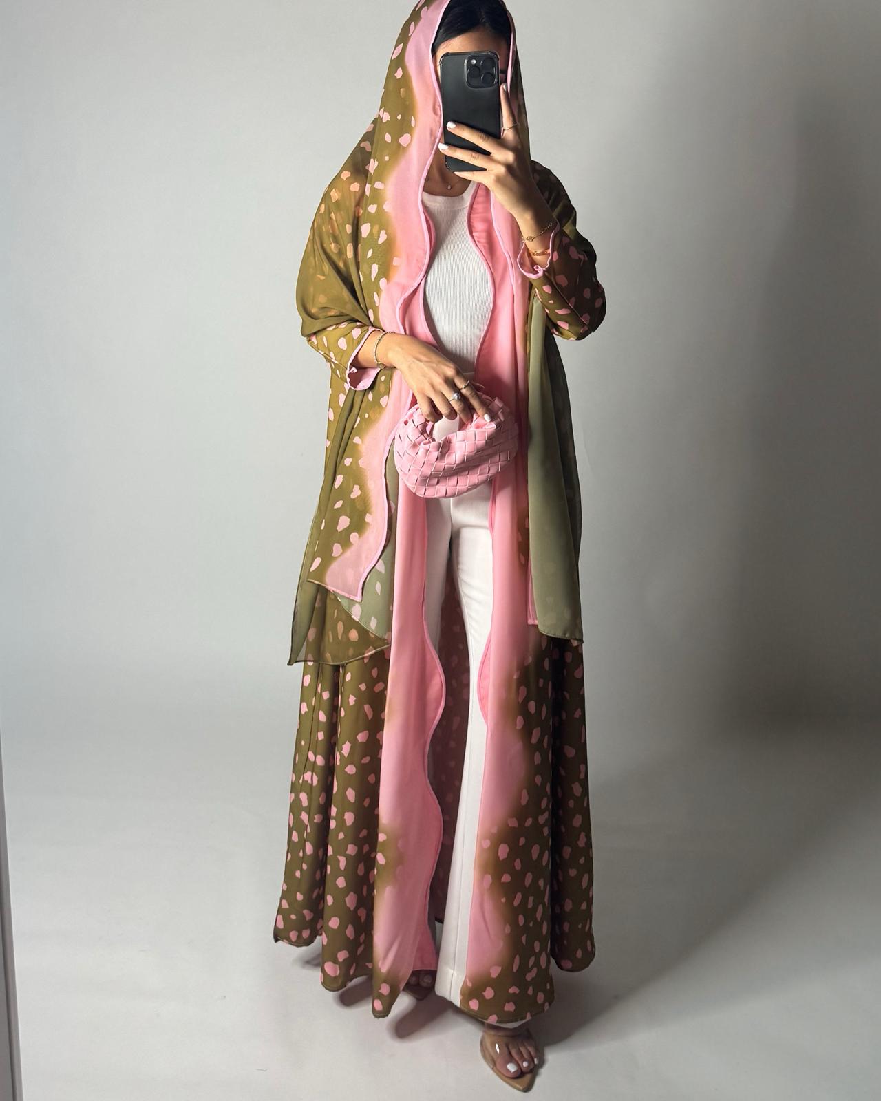 A645 - Waves Leopard Print A-CUT Olive Green & Pink Abaya & Matching Head Scarf