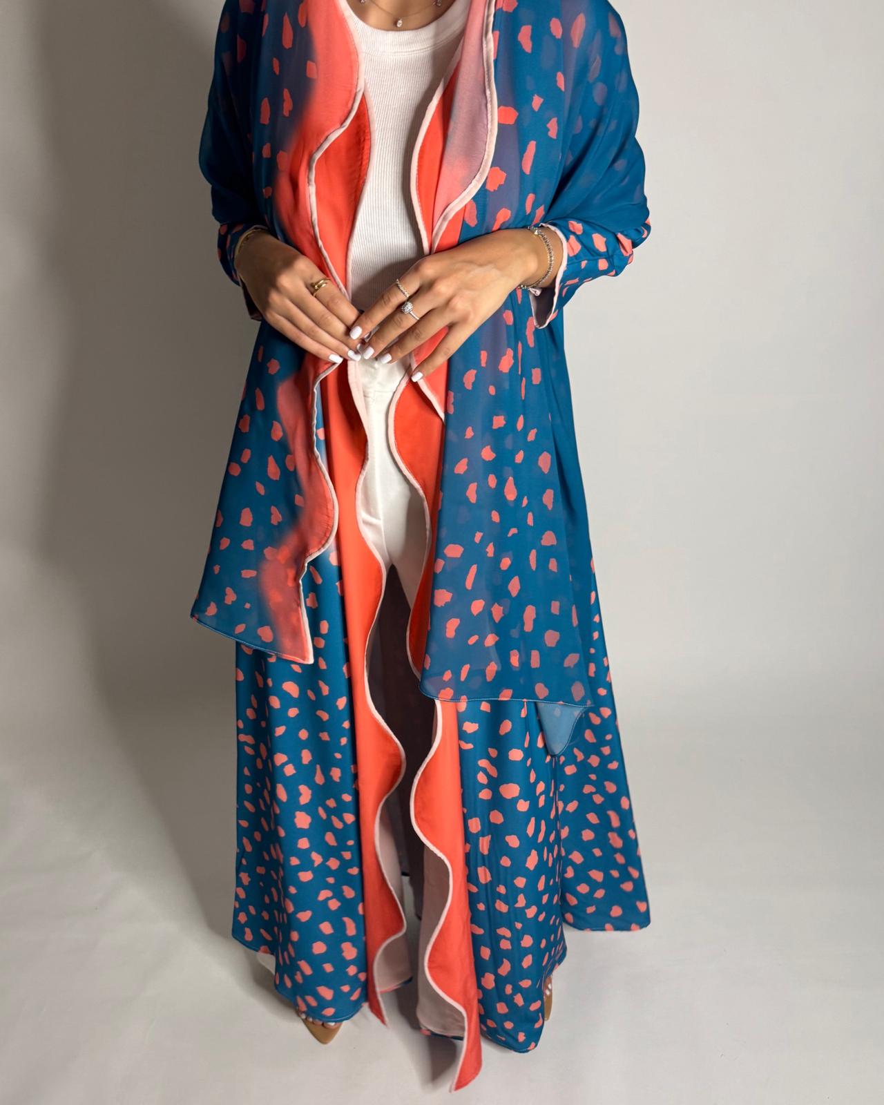 A643 - Waves Leopard Print A-CUT Blue & Peach Abaya & Matching Head Scarf
