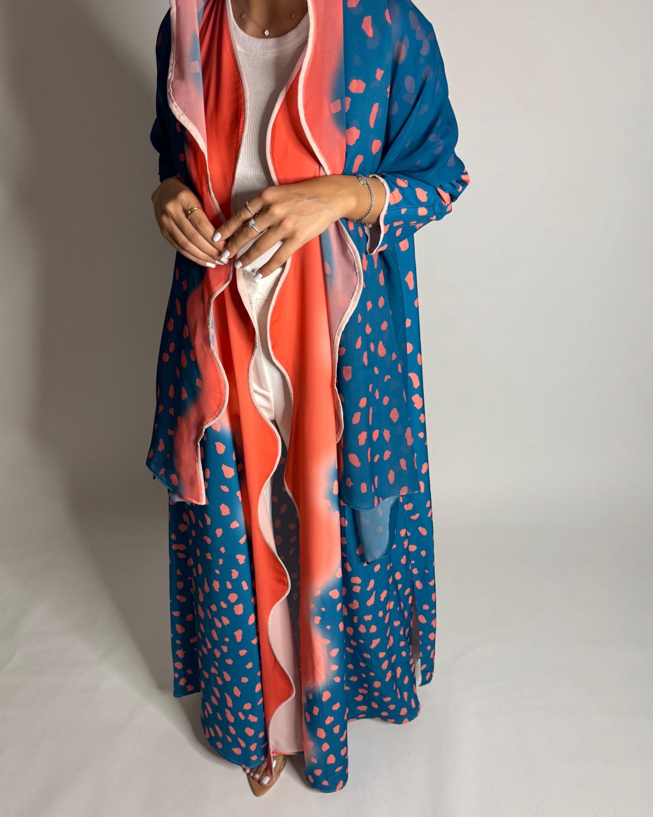 A643 - Waves Leopard Print A-CUT Blue & Peach Abaya & Matching Head Scarf