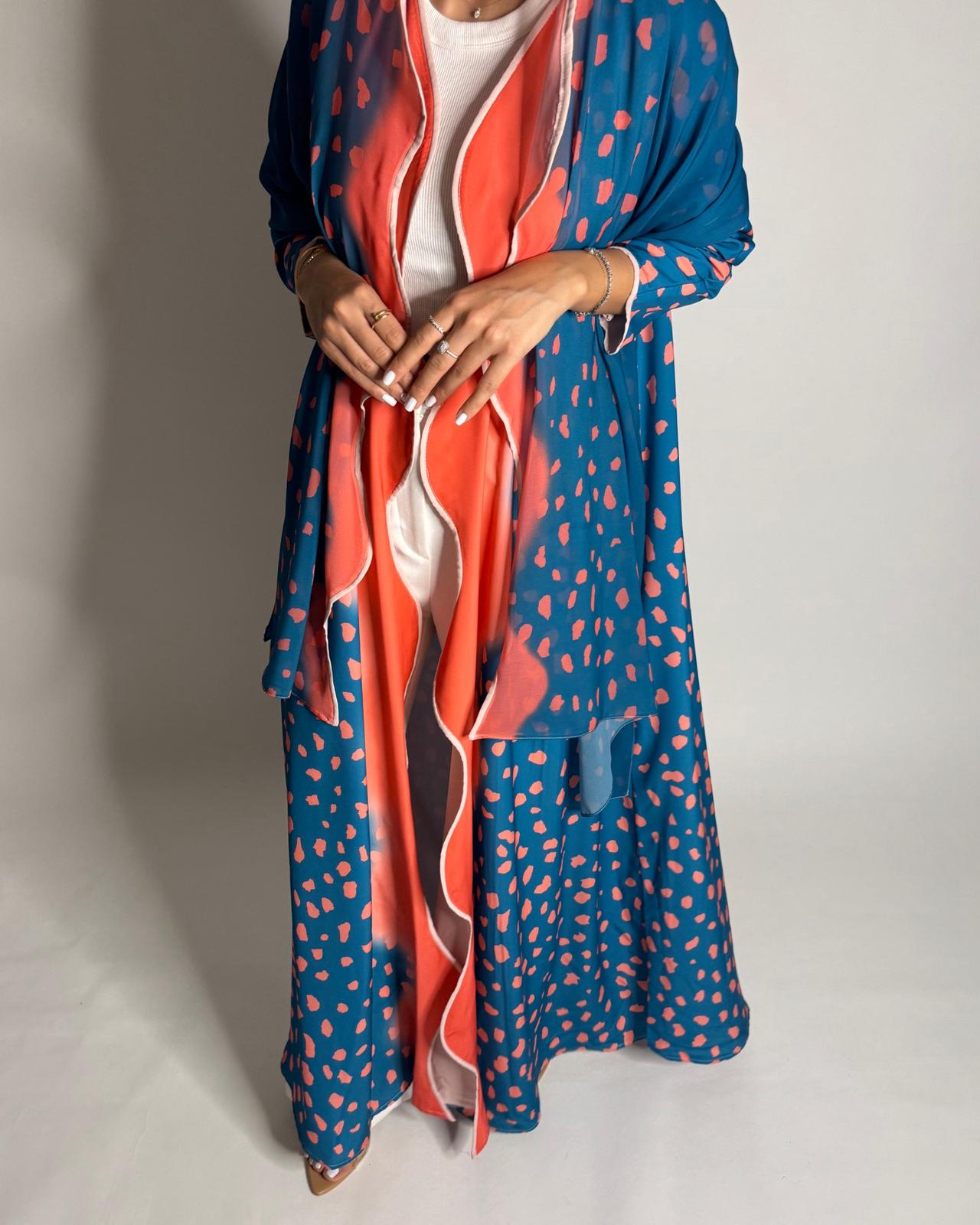 A643 - Waves Leopard Print A-CUT Blue & Peach Abaya & Matching Head Scarf