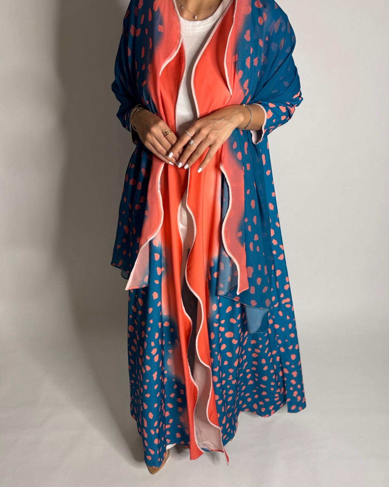 A643 - Waves Leopard Print A-CUT Blue & Peach Abaya & Matching Head Scarf