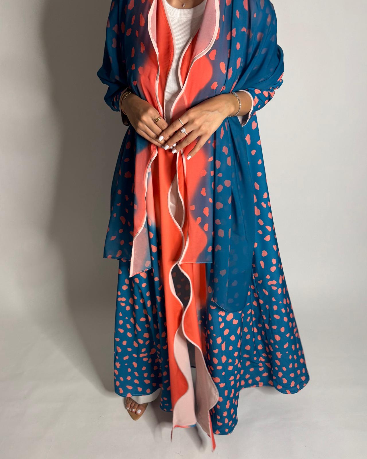 A643 - Waves Leopard Print A-CUT Blue & Peach Abaya & Matching Head Scarf