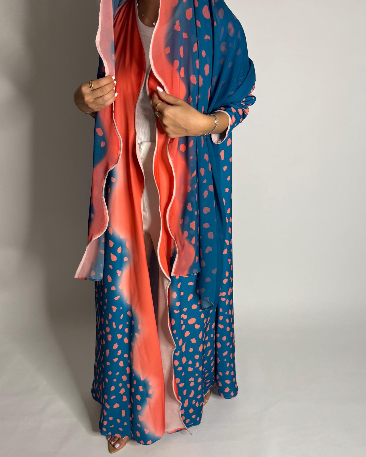A643 - Waves Leopard Print A-CUT Blue & Peach Abaya & Matching Head Scarf