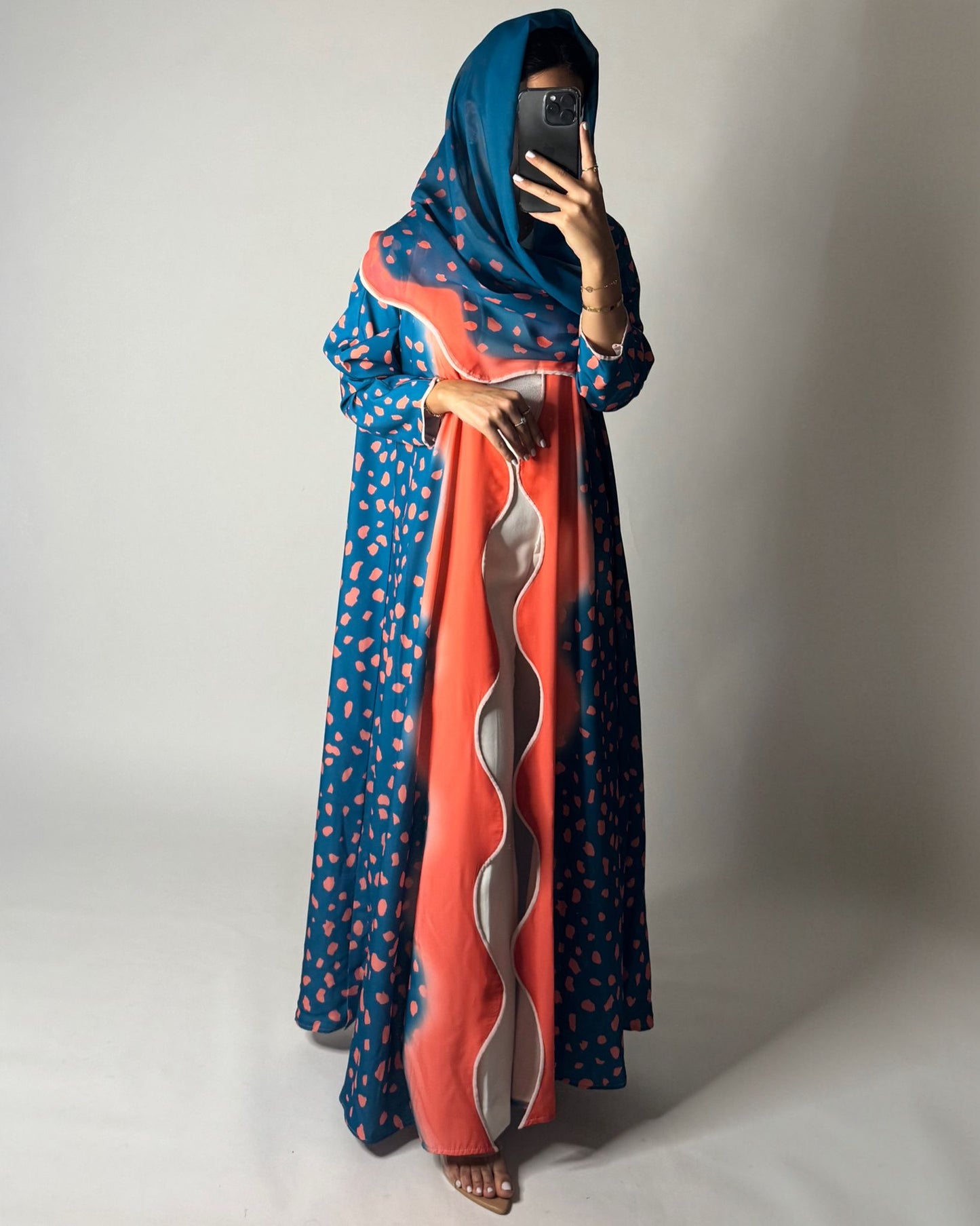 A643 - Waves Leopard Print A-CUT Blue & Peach Abaya & Matching Head Scarf