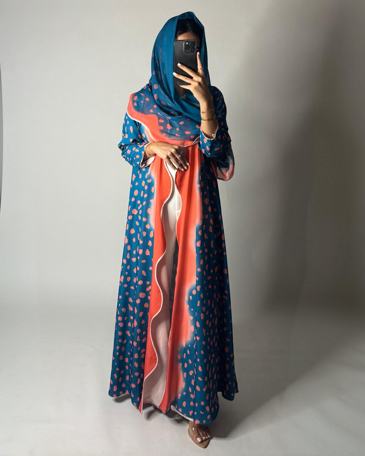 A643 - Waves Leopard Print A-CUT Blue & Peach Abaya & Matching Head Scarf