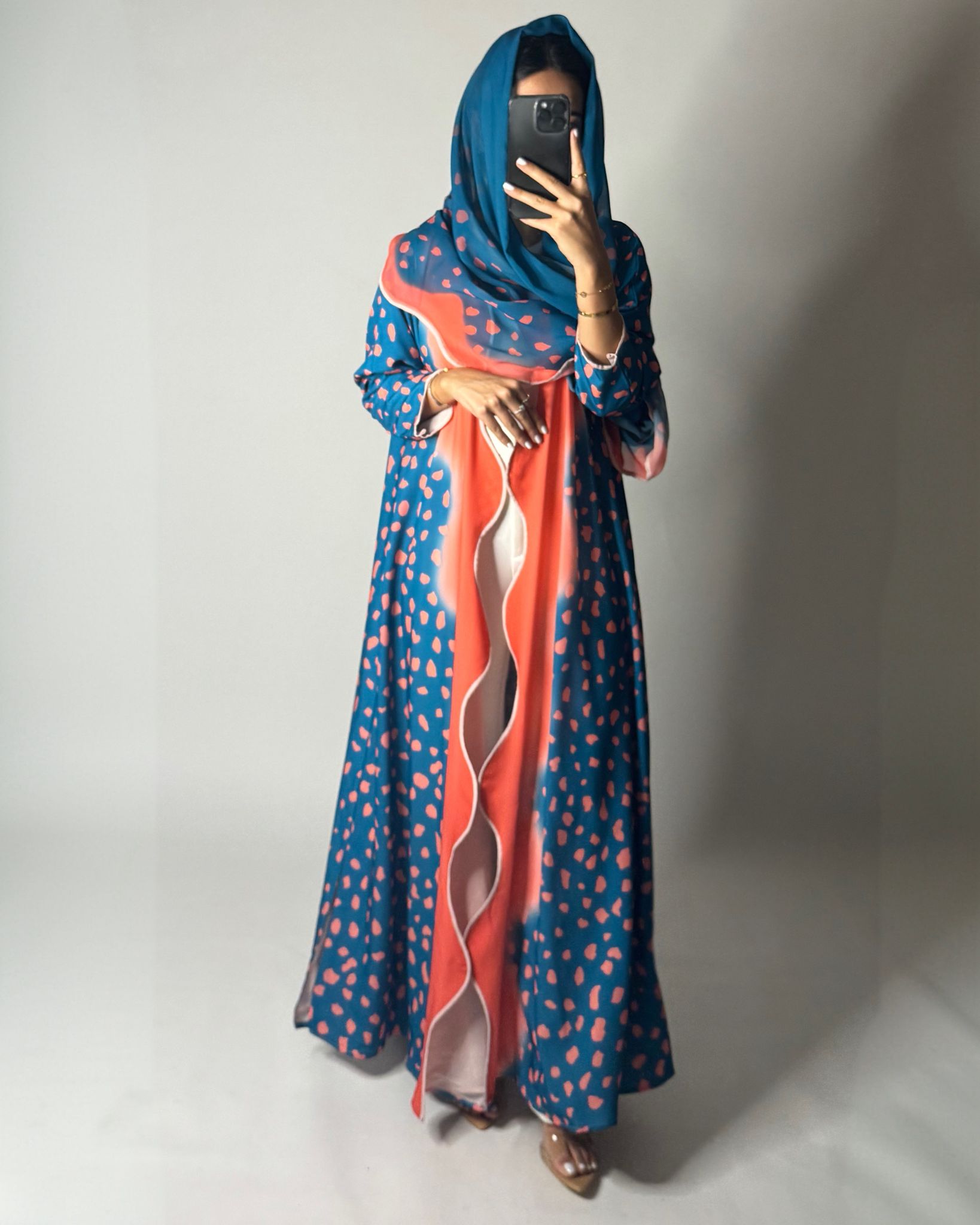 A643 - Waves Leopard Print A-CUT Blue & Peach Abaya & Matching Head Scarf