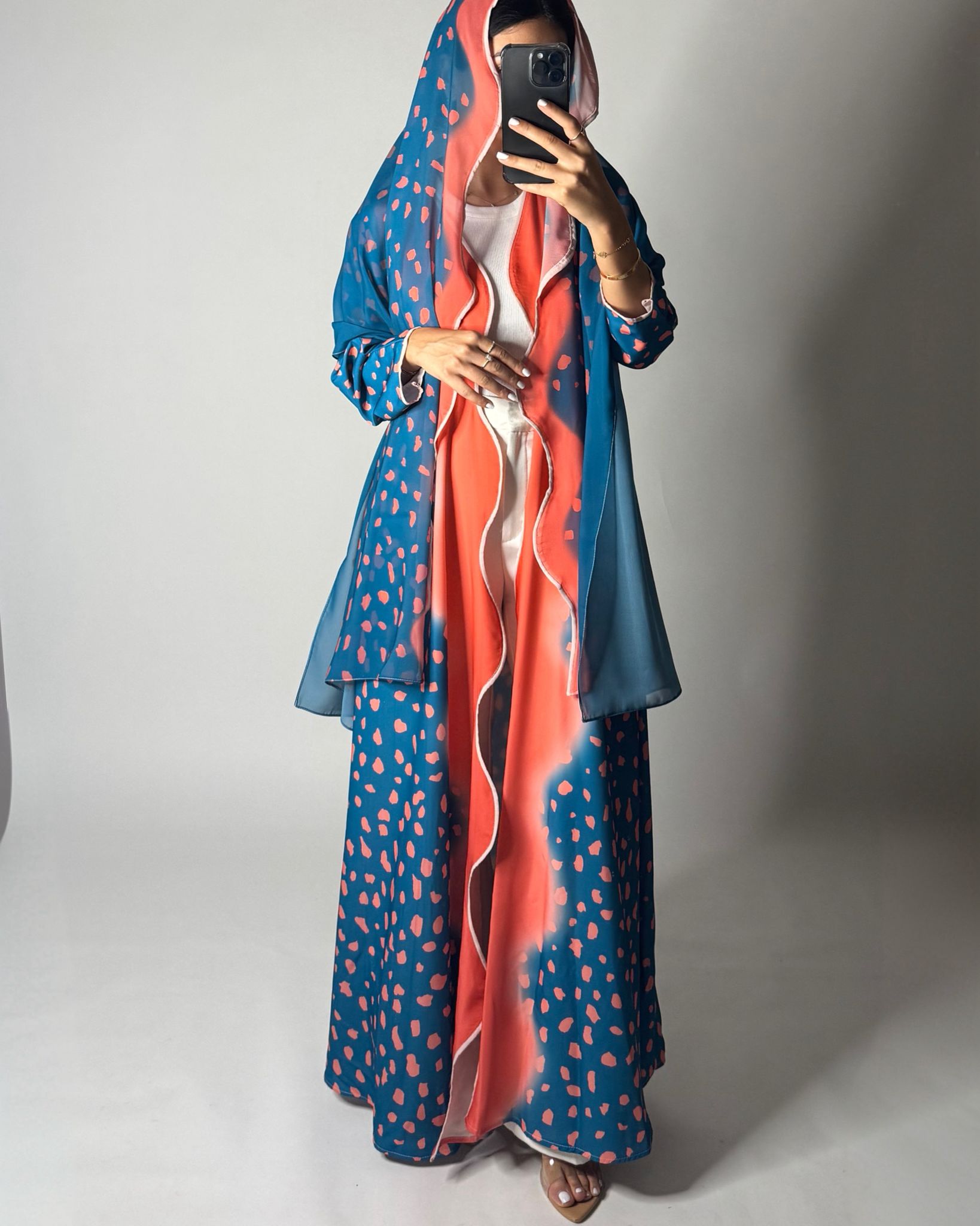 A643 - Waves Leopard Print A-CUT Blue & Peach Abaya & Matching Head Scarf