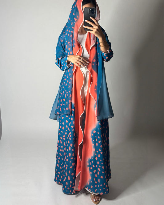 A643 - Waves Leopard Print A-CUT Blue & Peach Abaya & Matching Head Scarf