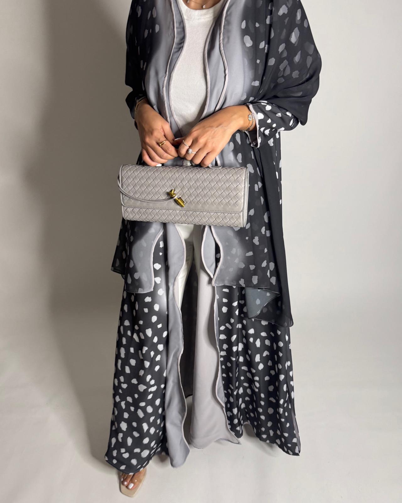 A646 - Waves Leopard Print A-CUT Shades of Gray Abaya & Matching Head Scarf