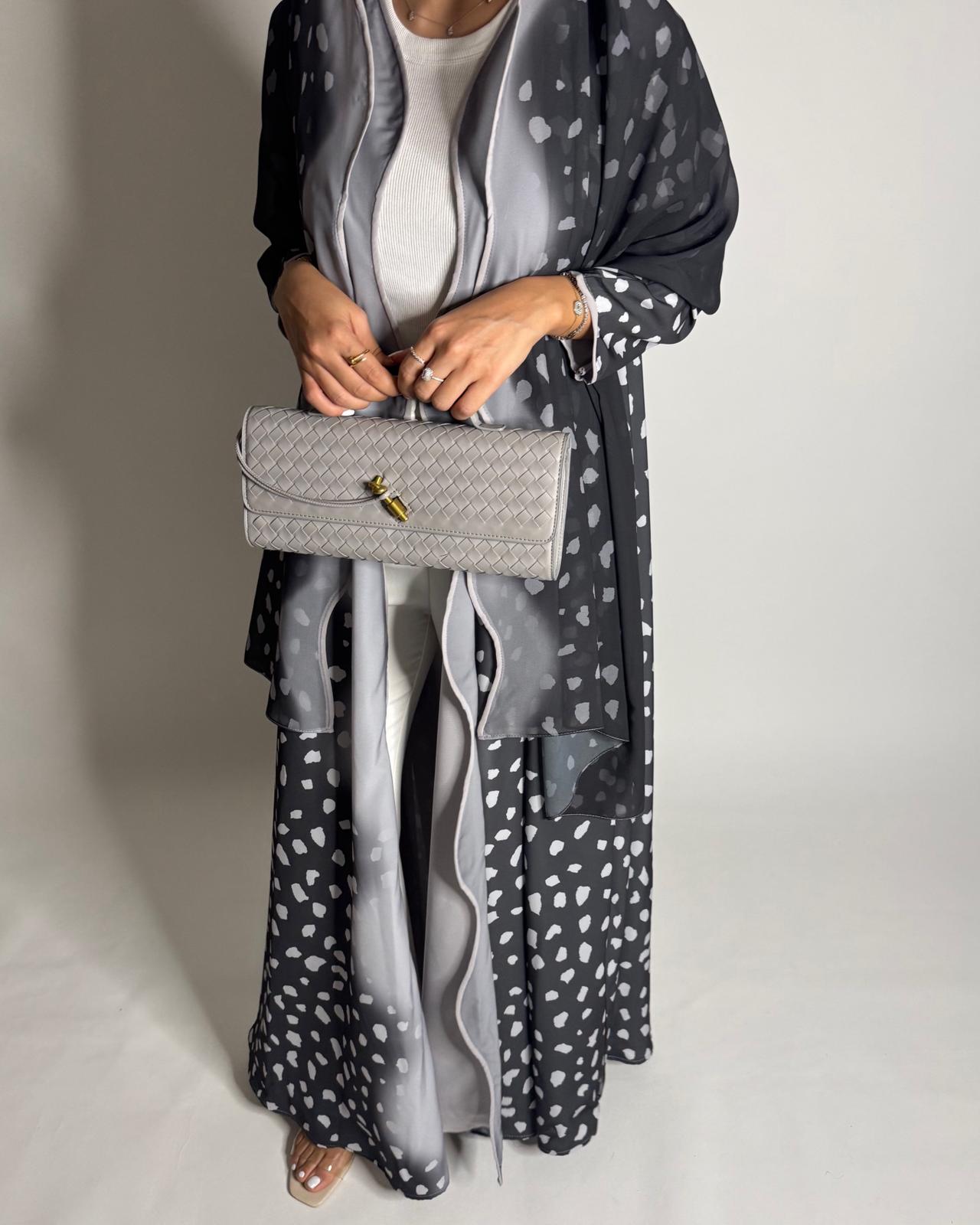 A646 - Waves Leopard Print A-CUT Shades of Gray Abaya & Matching Head Scarf