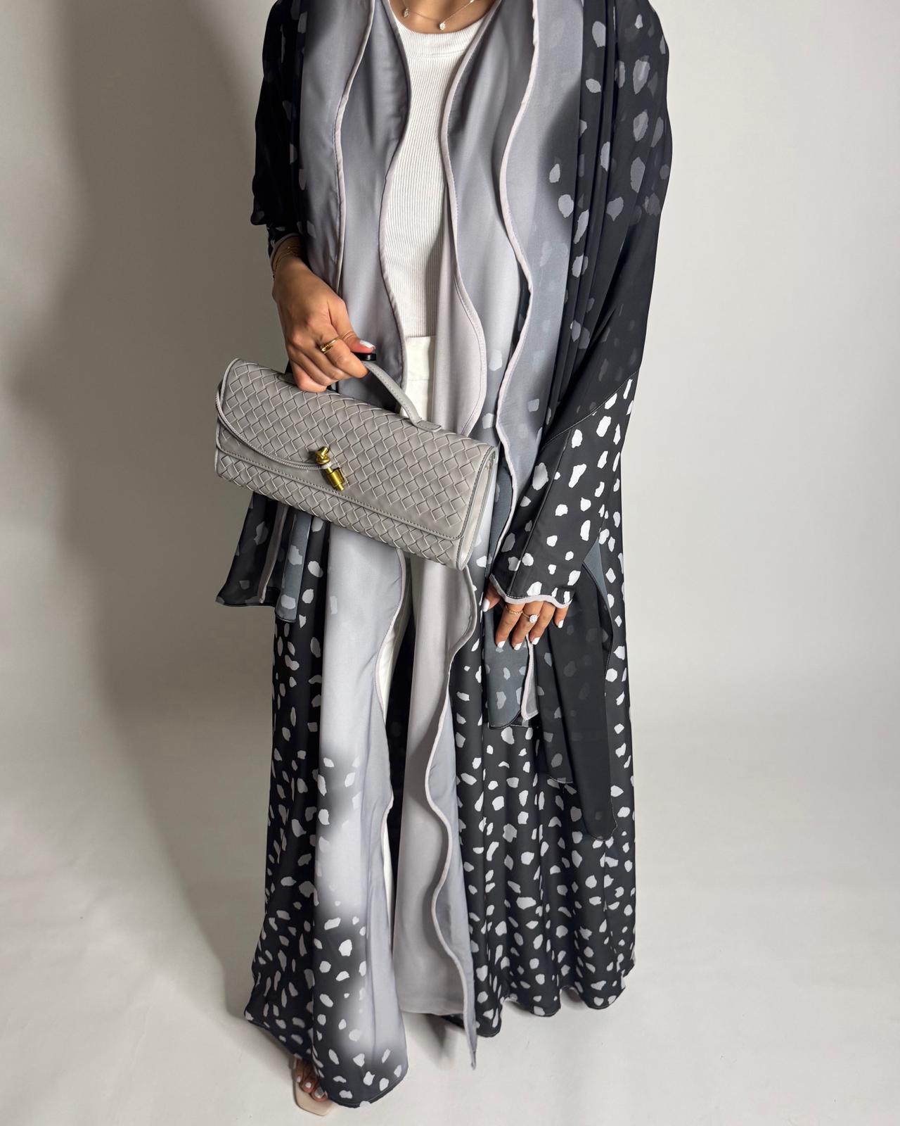 A646 - Waves Leopard Print A-CUT Shades of Gray Abaya & Matching Head Scarf