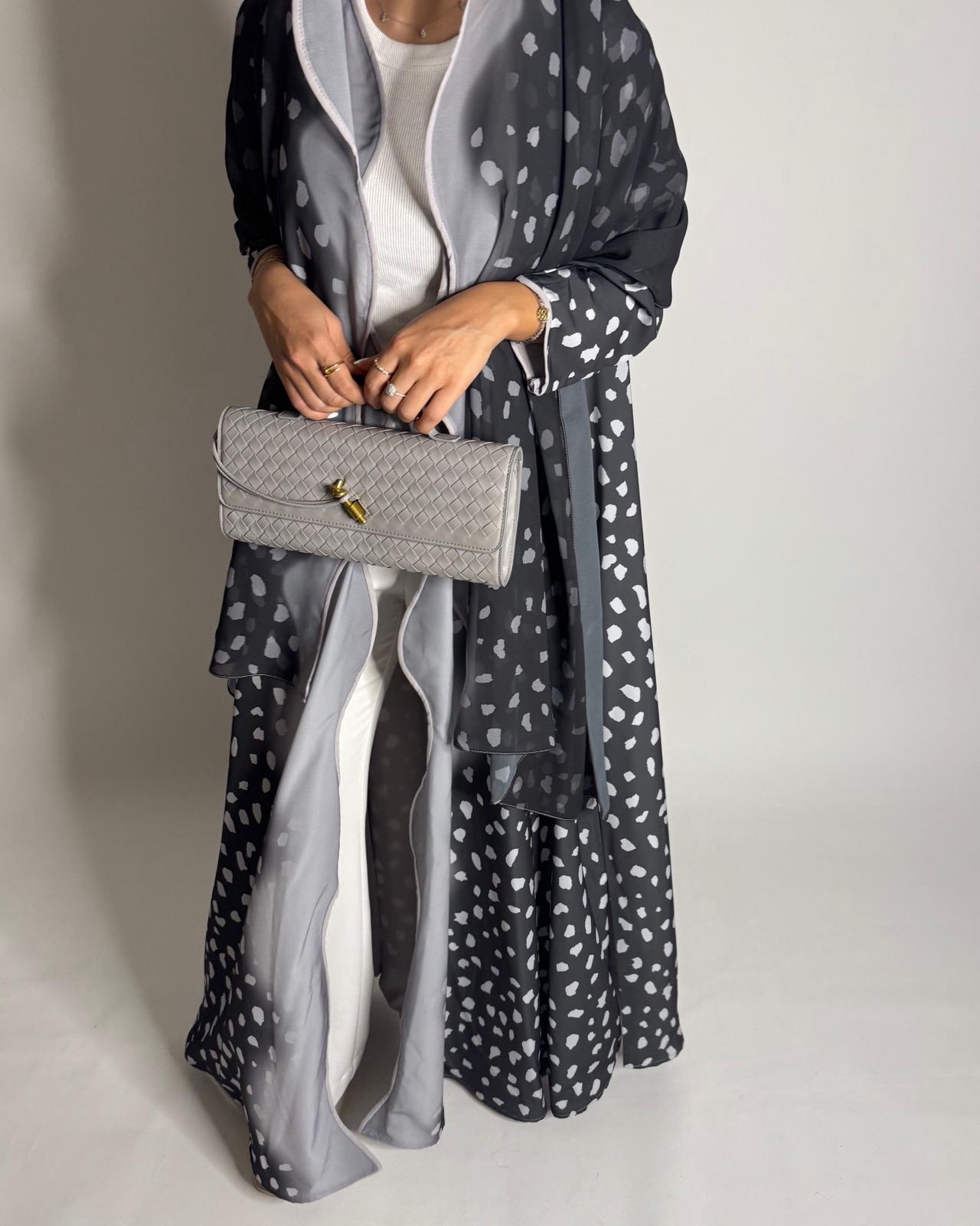 A646 - Waves Leopard Print A-CUT Shades of Gray Abaya & Matching Head Scarf