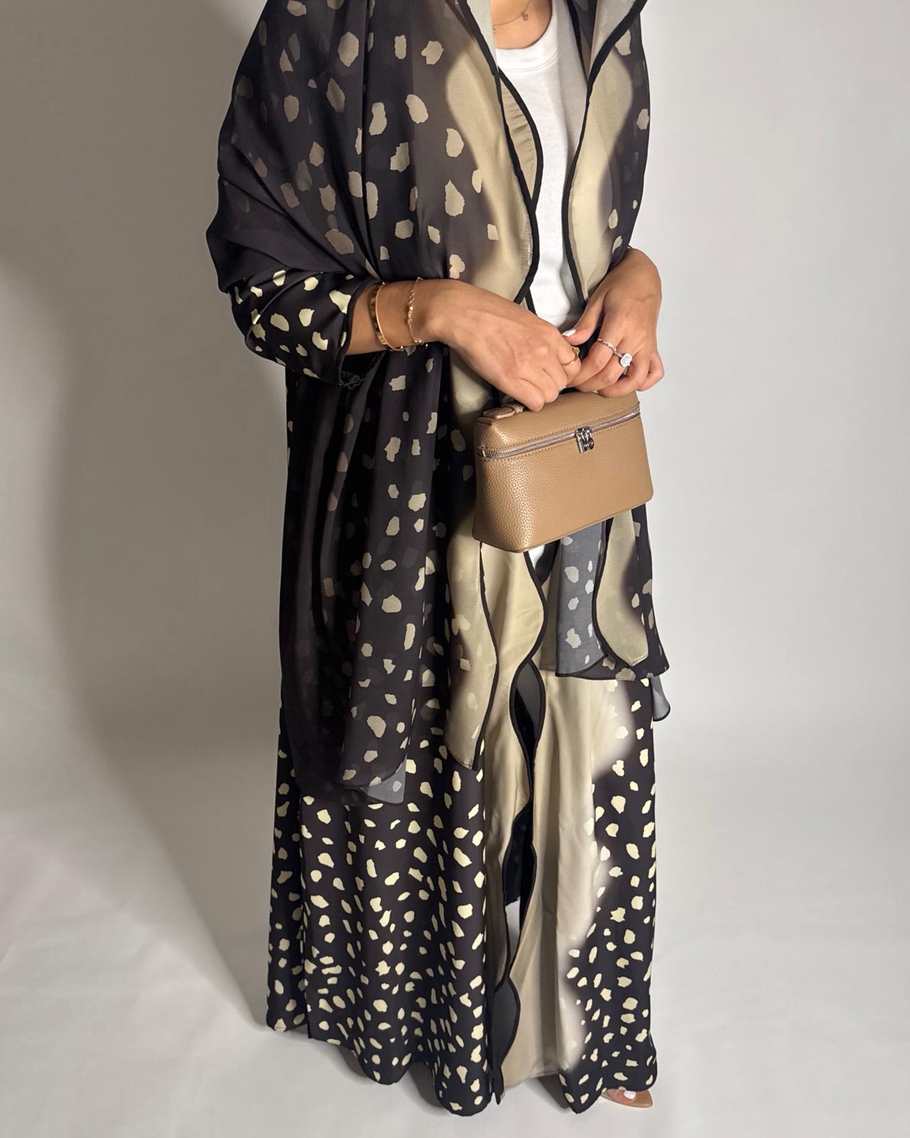 A647 - Waves Leopard Print A-CUT Shades of Brown Abaya & Matching Head Scarf