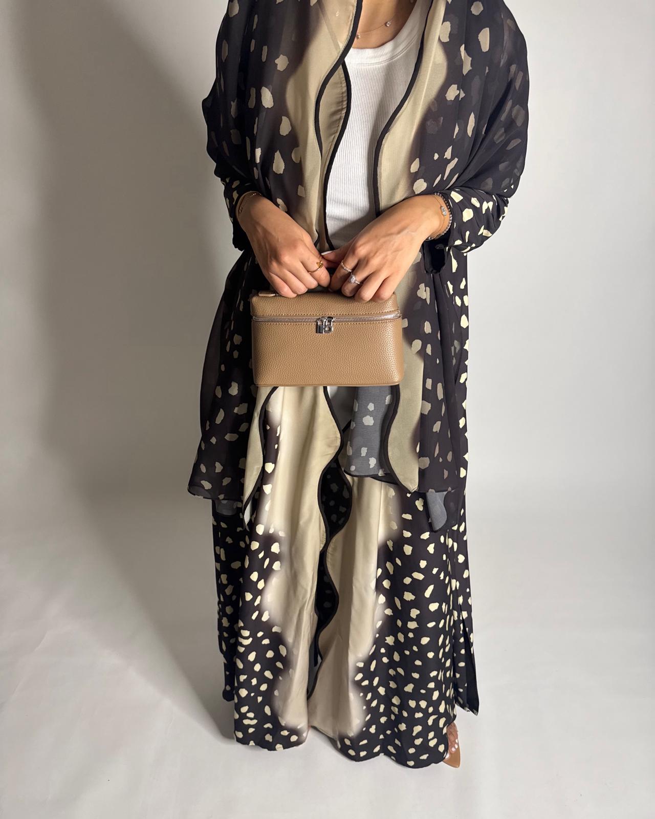 A647 - Waves Leopard Print A-CUT Shades of Brown Abaya & Matching Head Scarf
