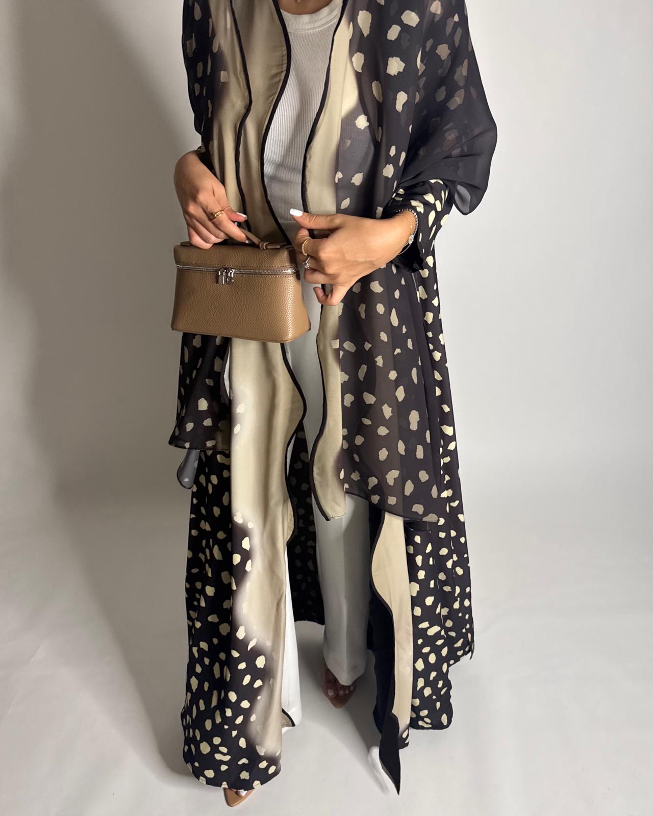 A647 - Waves Leopard Print A-CUT Shades of Brown Abaya & Matching Head Scarf