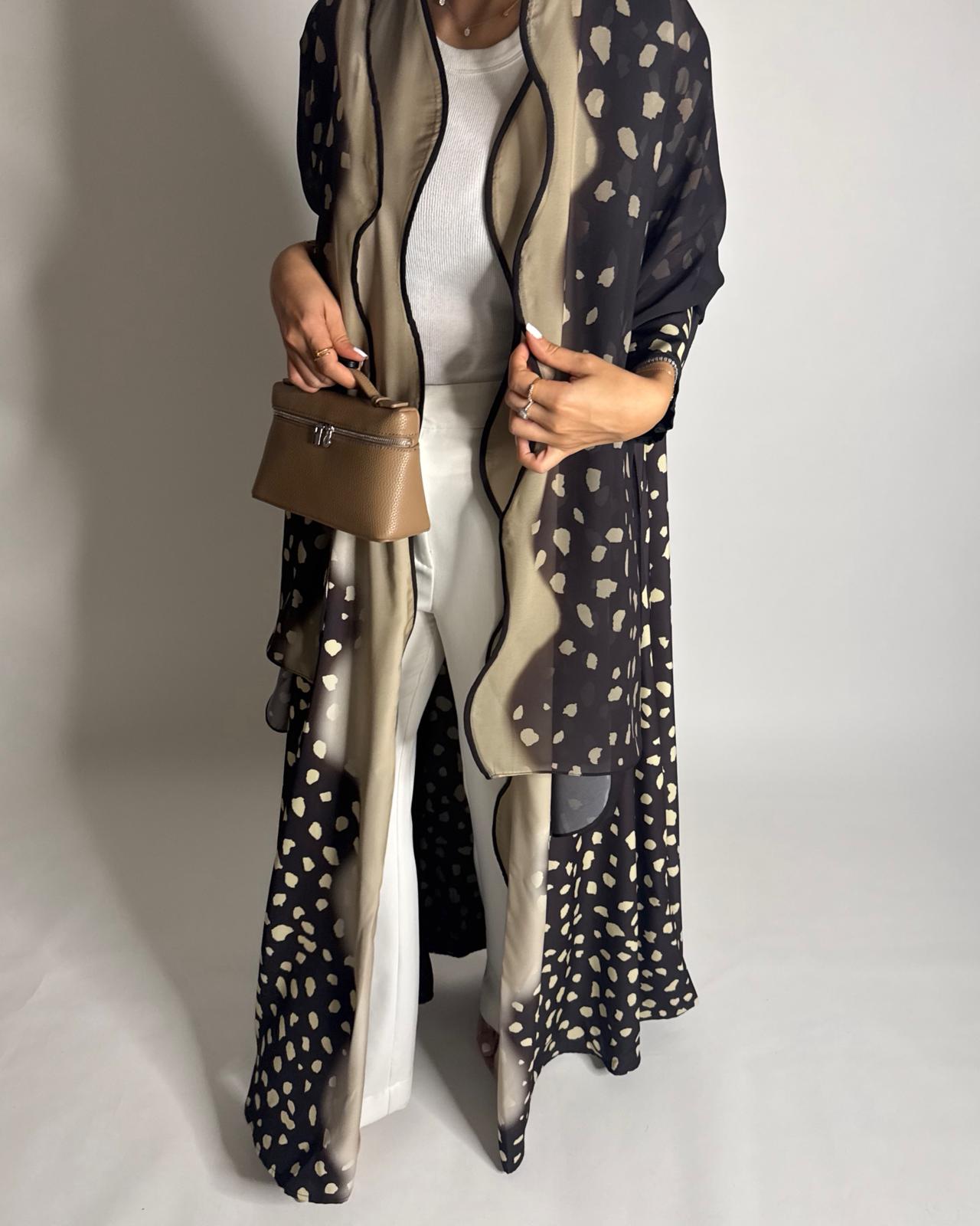 A647 - Waves Leopard Print A-CUT Shades of Brown Abaya & Matching Head Scarf