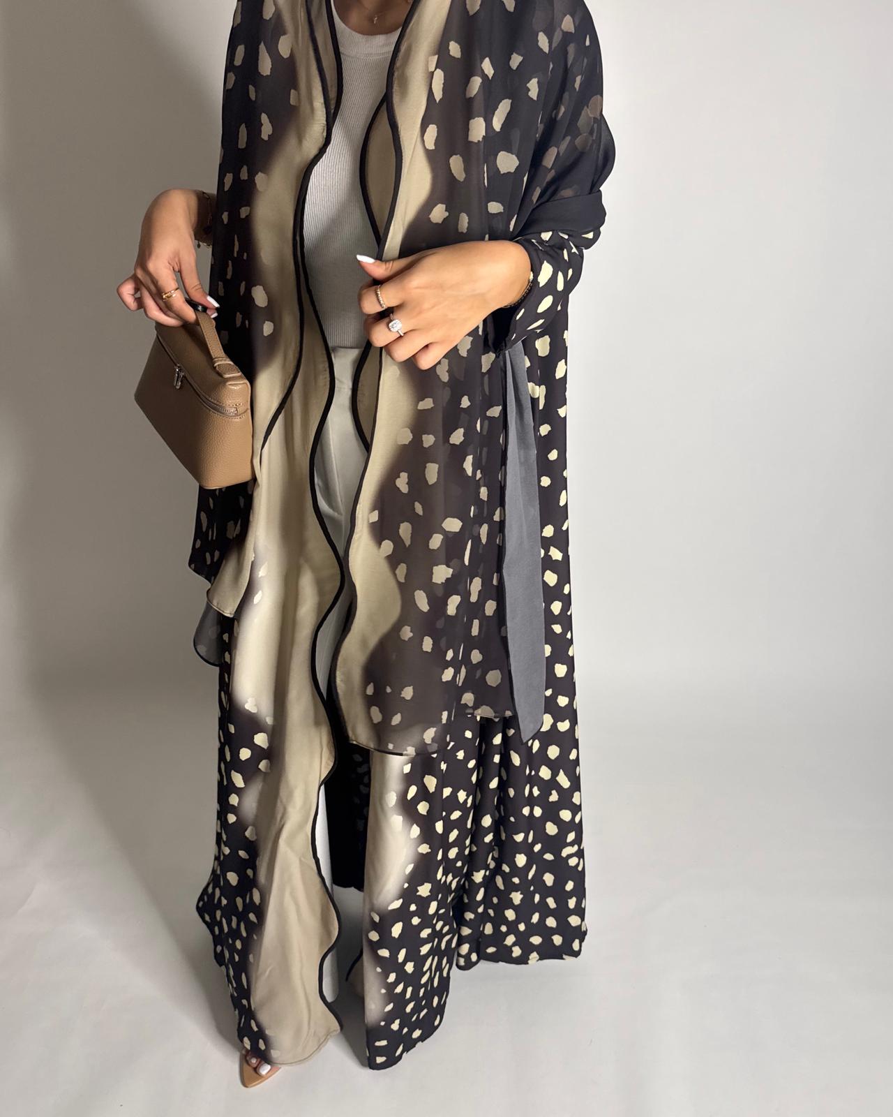A647 - Waves Leopard Print A-CUT Shades of Brown Abaya & Matching Head Scarf