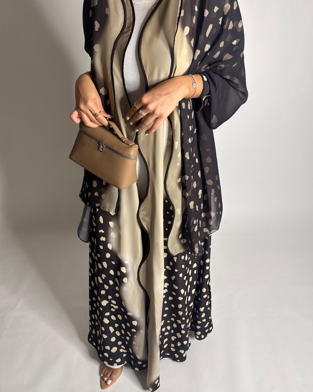 A647 - Waves Leopard Print A-CUT Shades of Brown Abaya & Matching Head Scarf