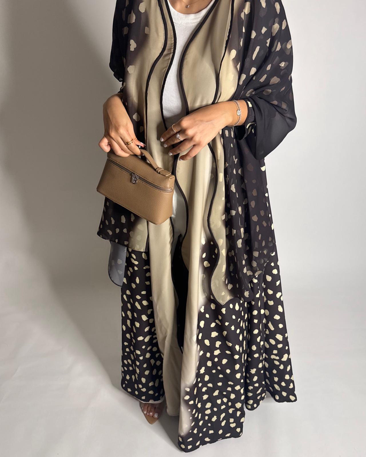 A647 - Waves Leopard Print A-CUT Shades of Brown Abaya & Matching Head Scarf
