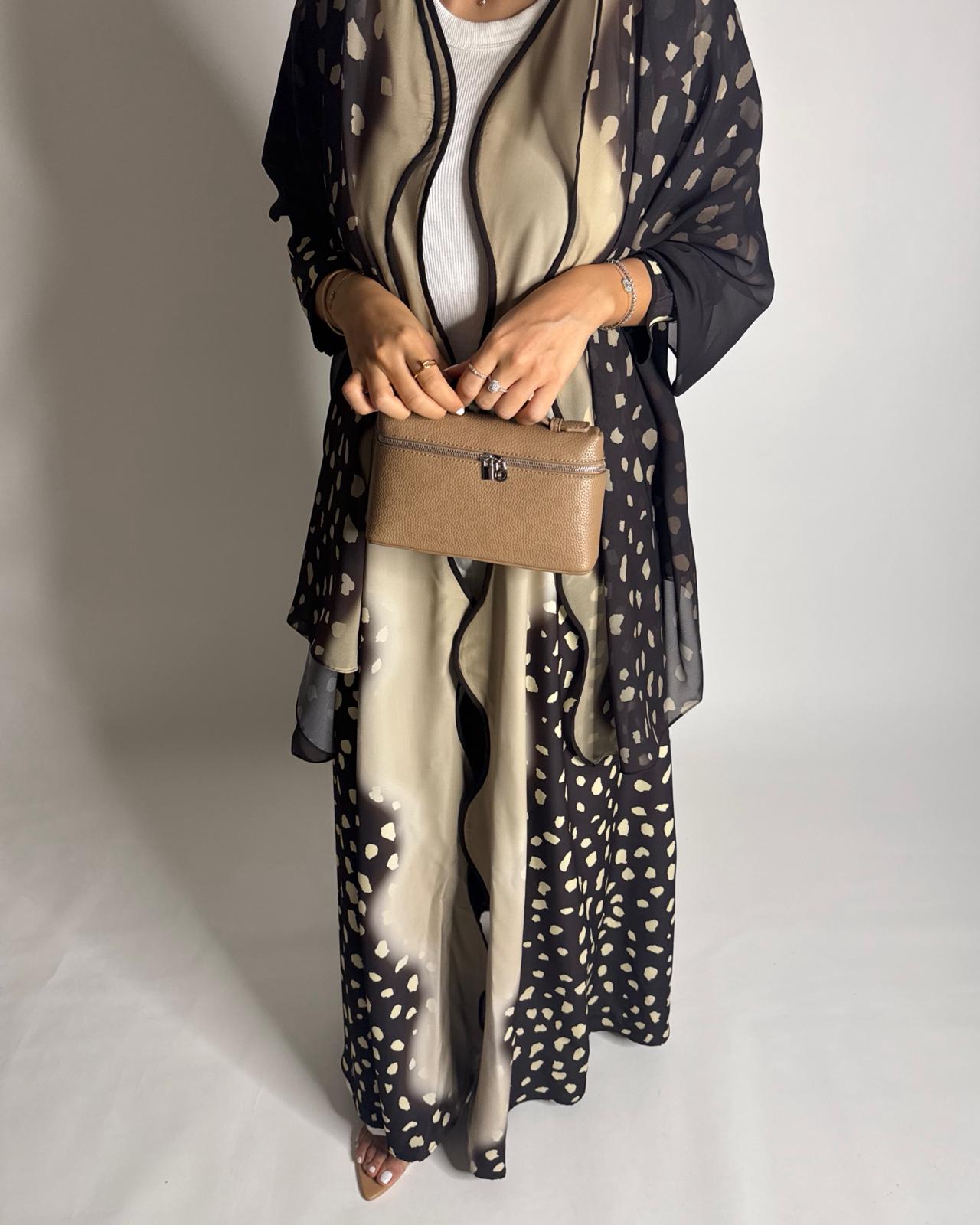 A647 - Waves Leopard Print A-CUT Shades of Brown Abaya & Matching Head Scarf