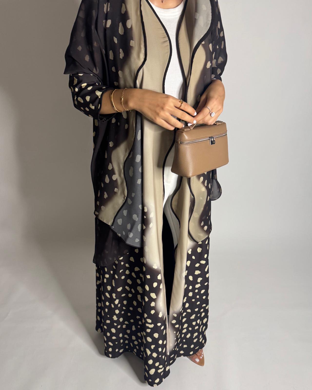 A647 - Waves Leopard Print A-CUT Shades of Brown Abaya & Matching Head Scarf
