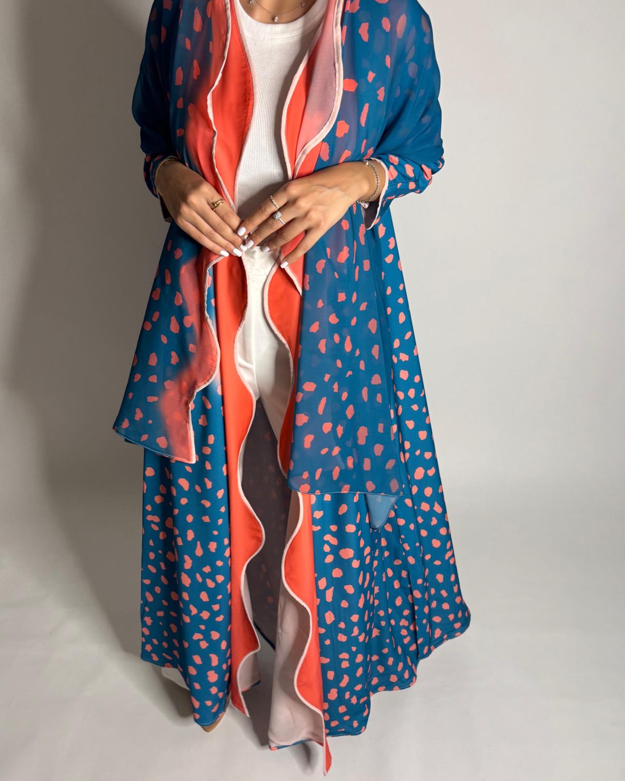 A643 - Waves Leopard Print A-CUT Blue & Peach Abaya & Matching Head Scarf