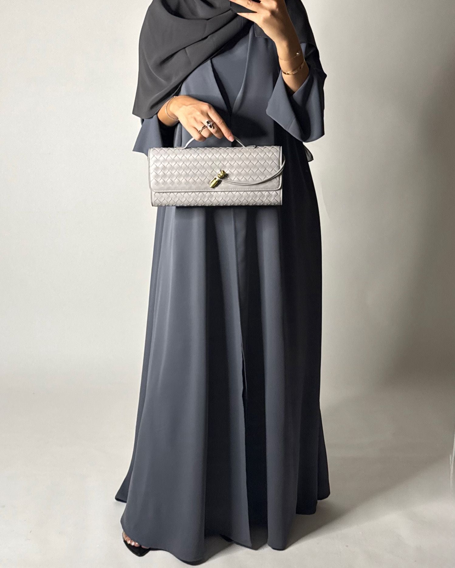 A653 - Gray Flowy Abaya with Flared Sleeves, Under Abaya Dress & Head Scarf