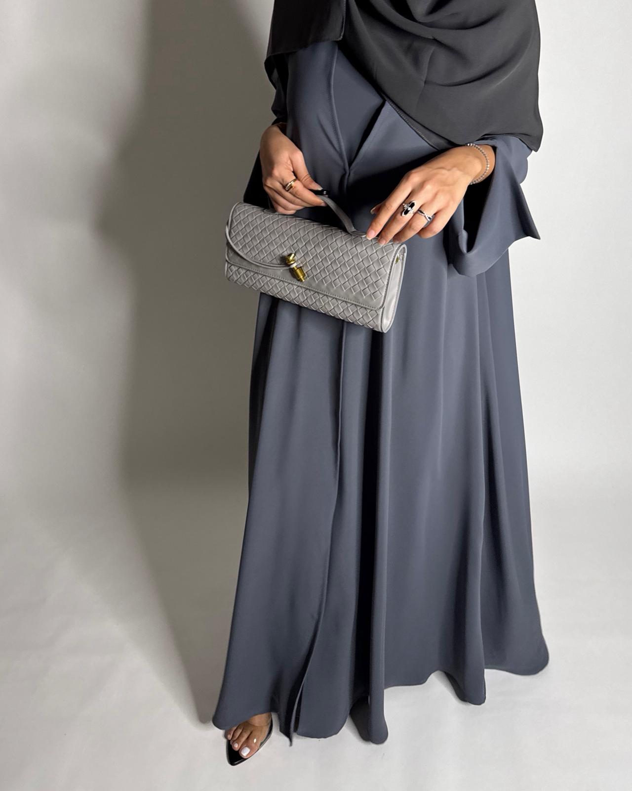 A653 - Gray Flowy Abaya with Flared Sleeves, Under Abaya Dress & Head Scarf