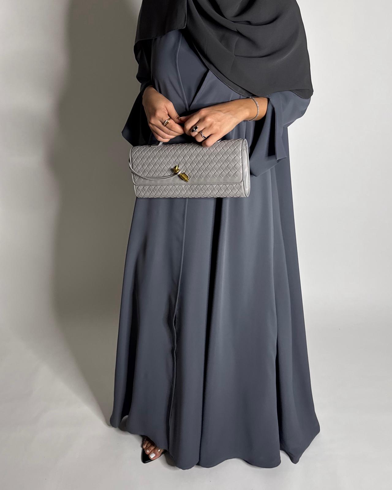A653 - Gray Flowy Abaya with Flared Sleeves, Under Abaya Dress & Head Scarf